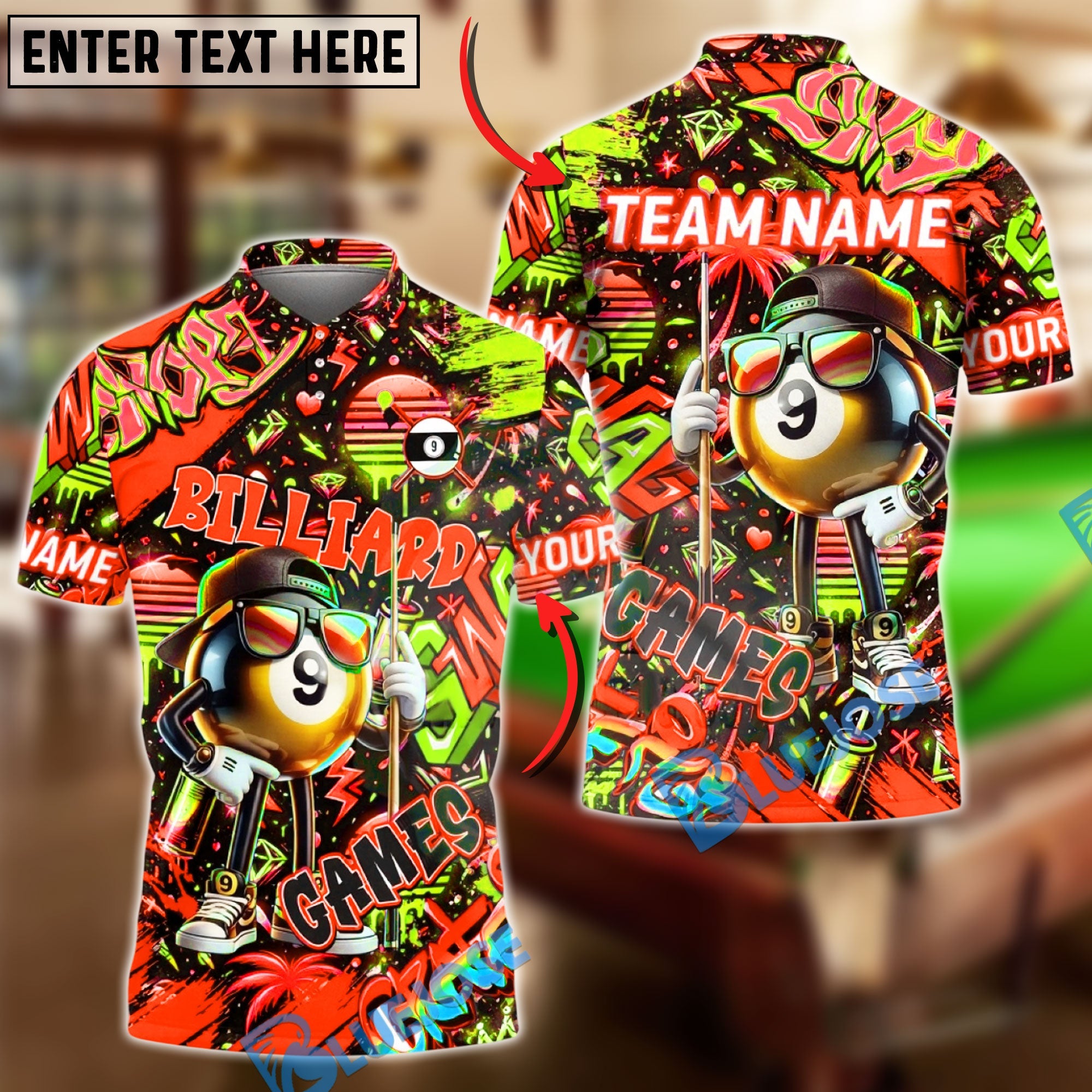 BlueJose Billiards 9-Ball Graffiti Game Character Personalized Name Shirt (4 Colors)