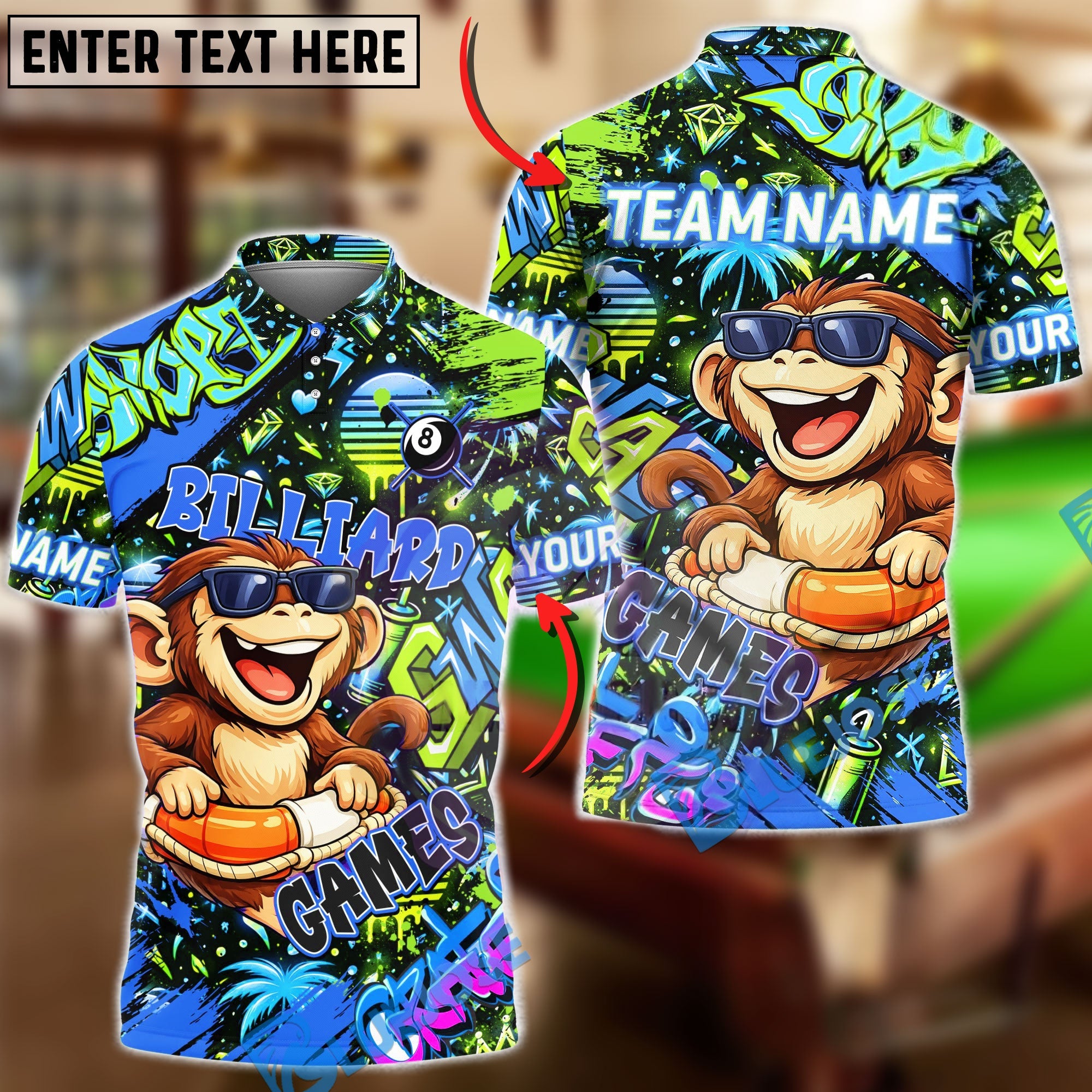 BlueJose Billiards Graffiti Cool Monkey 8 Ball Character Personalized Name Shirt (4 Colors)