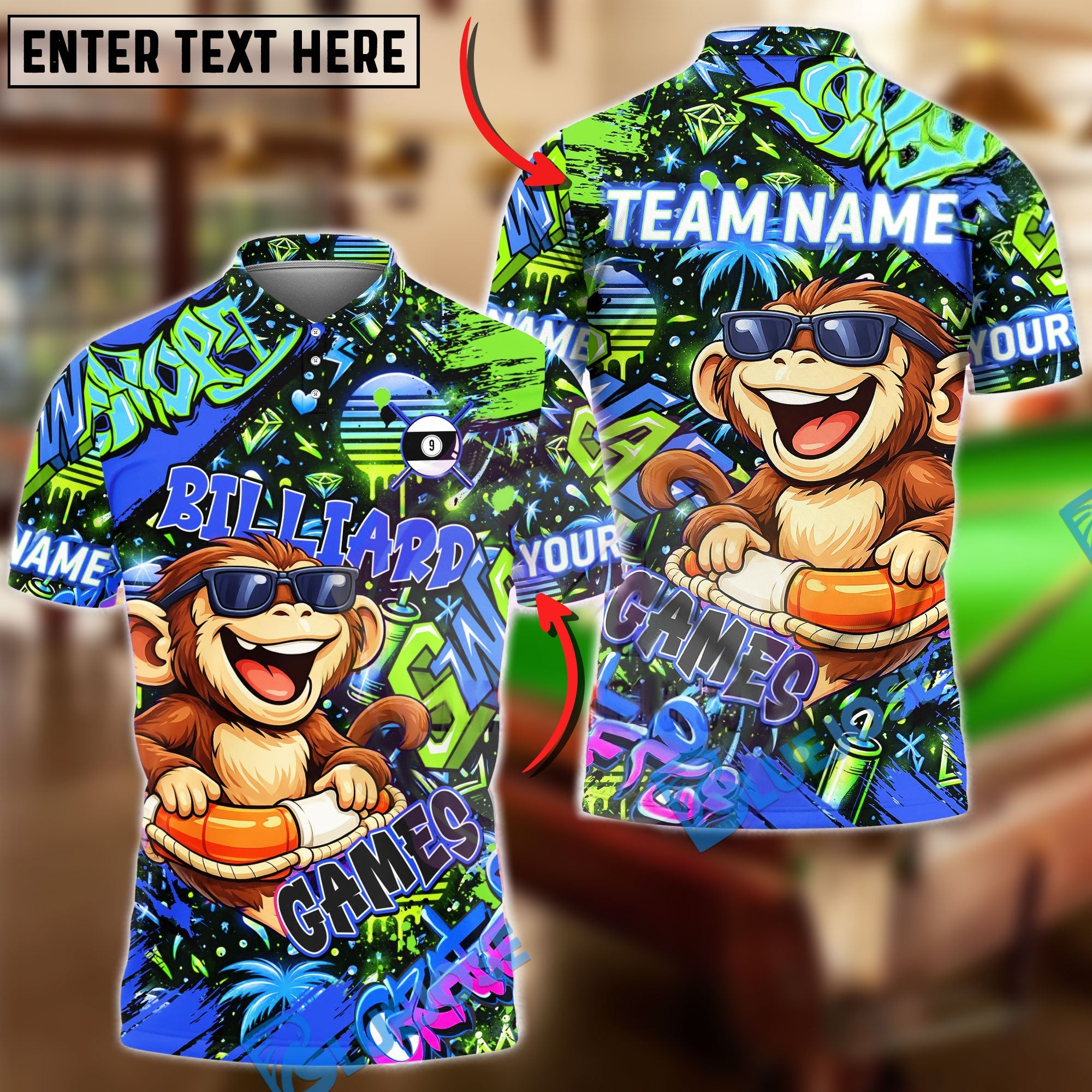 BlueJose Billiards Graffiti Cool Monkey 9 Ball Character Personalized Name Shirt (4 Colors)
