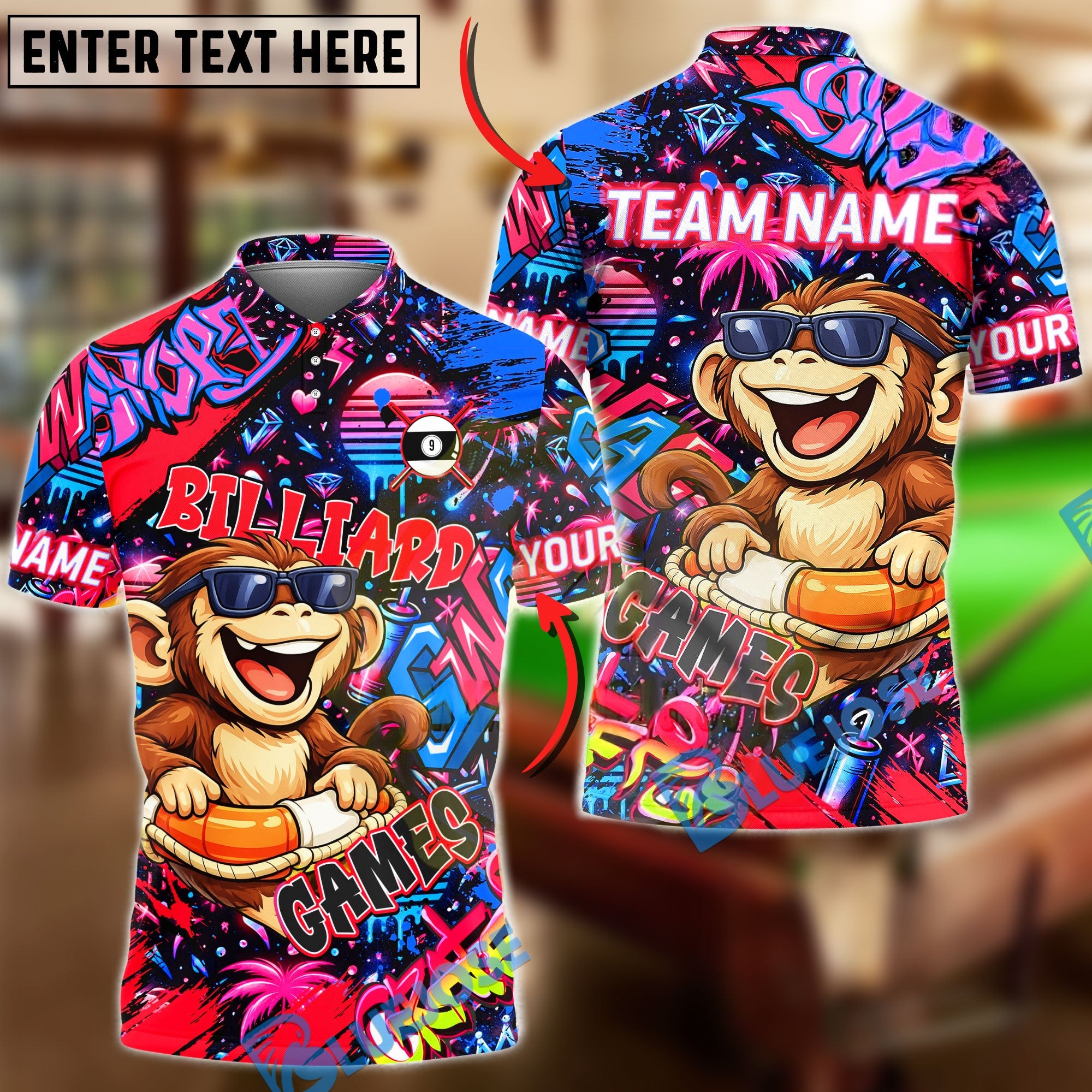 BlueJose Billiards Graffiti Cool Monkey 9 Ball Character Personalized Name Shirt (4 Colors)