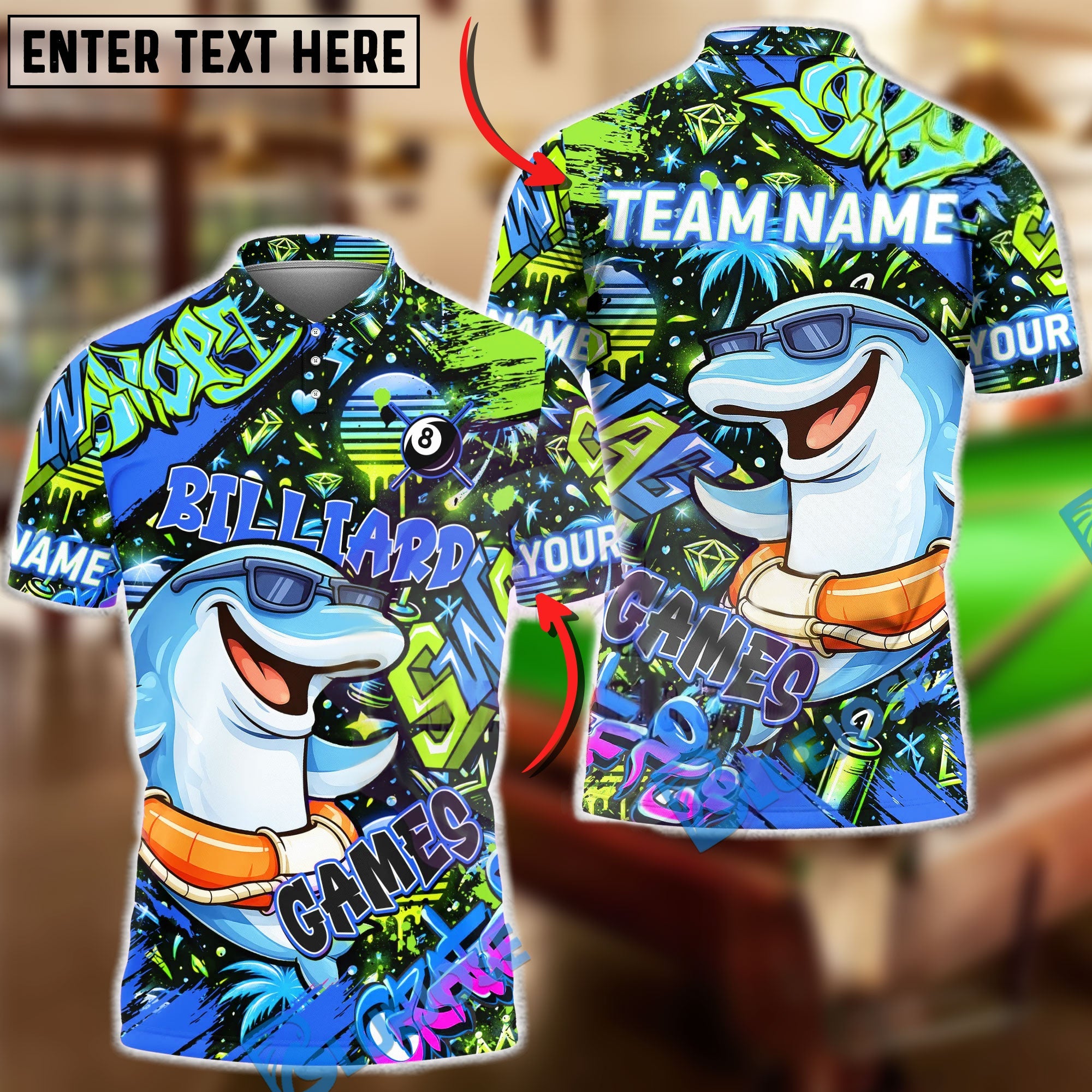 BlueJose Billiards Graffiti Cool Dolphin 8 Ball Character Personalized Name Shirt (4 Colors)