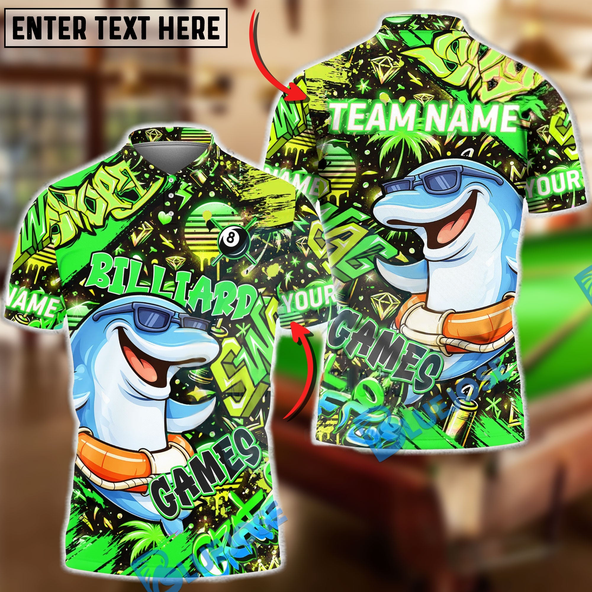 BlueJose Billiards Graffiti Cool Dolphin 8 Ball Character Personalized Name Shirt (4 Colors)