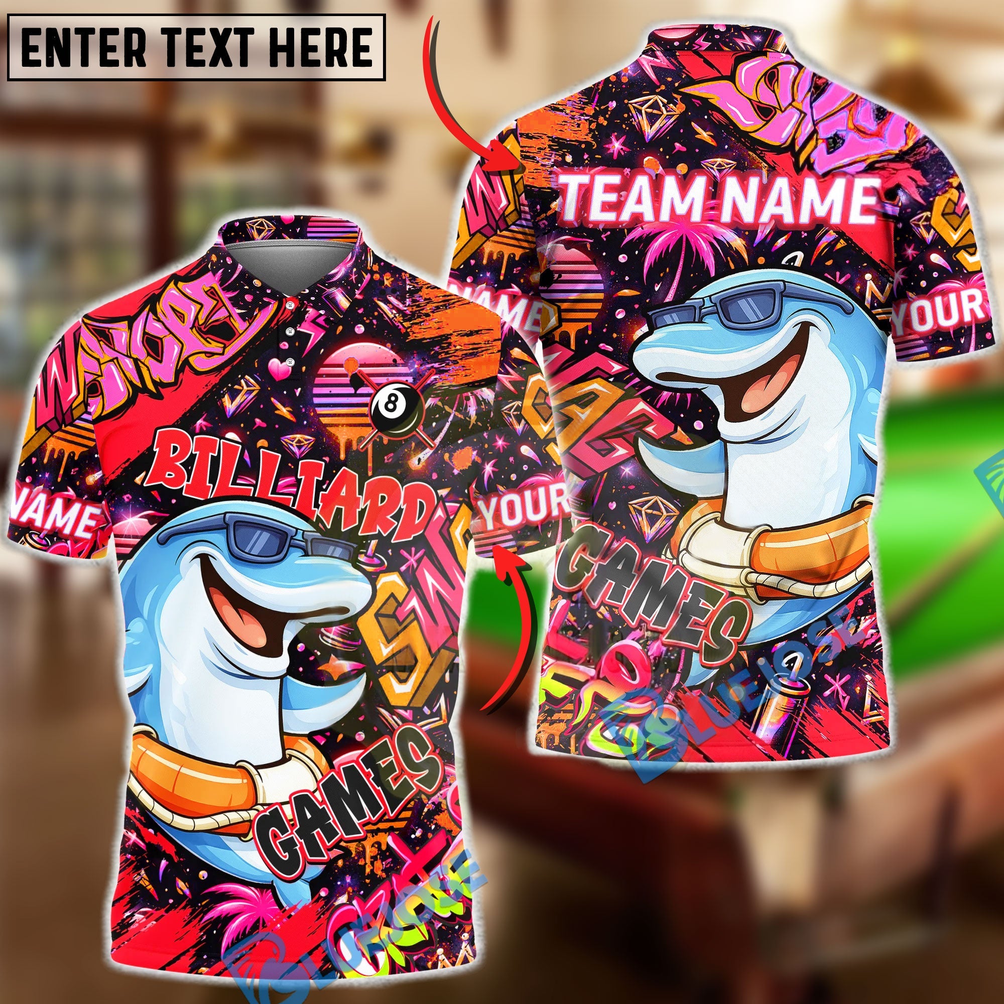 BlueJose Billiards Graffiti Cool Dolphin 8 Ball Character Personalized Name Shirt (4 Colors)