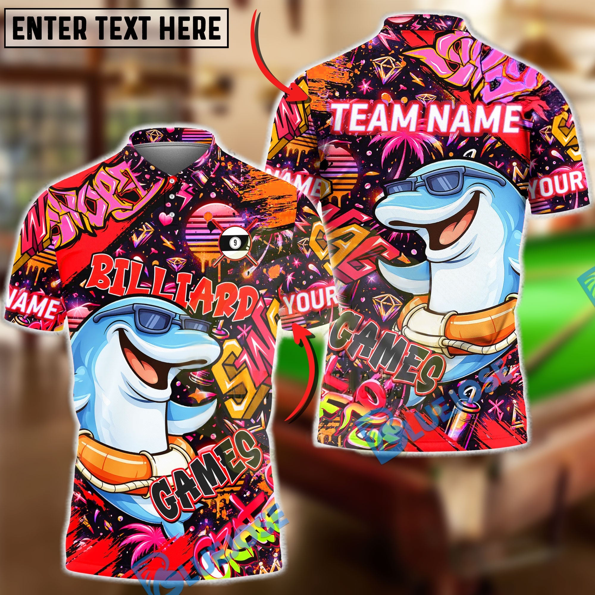 BlueJose Billiards Graffiti Cool Dolphin 9 Ball Character Personalized Name Shirt (4 Colors)