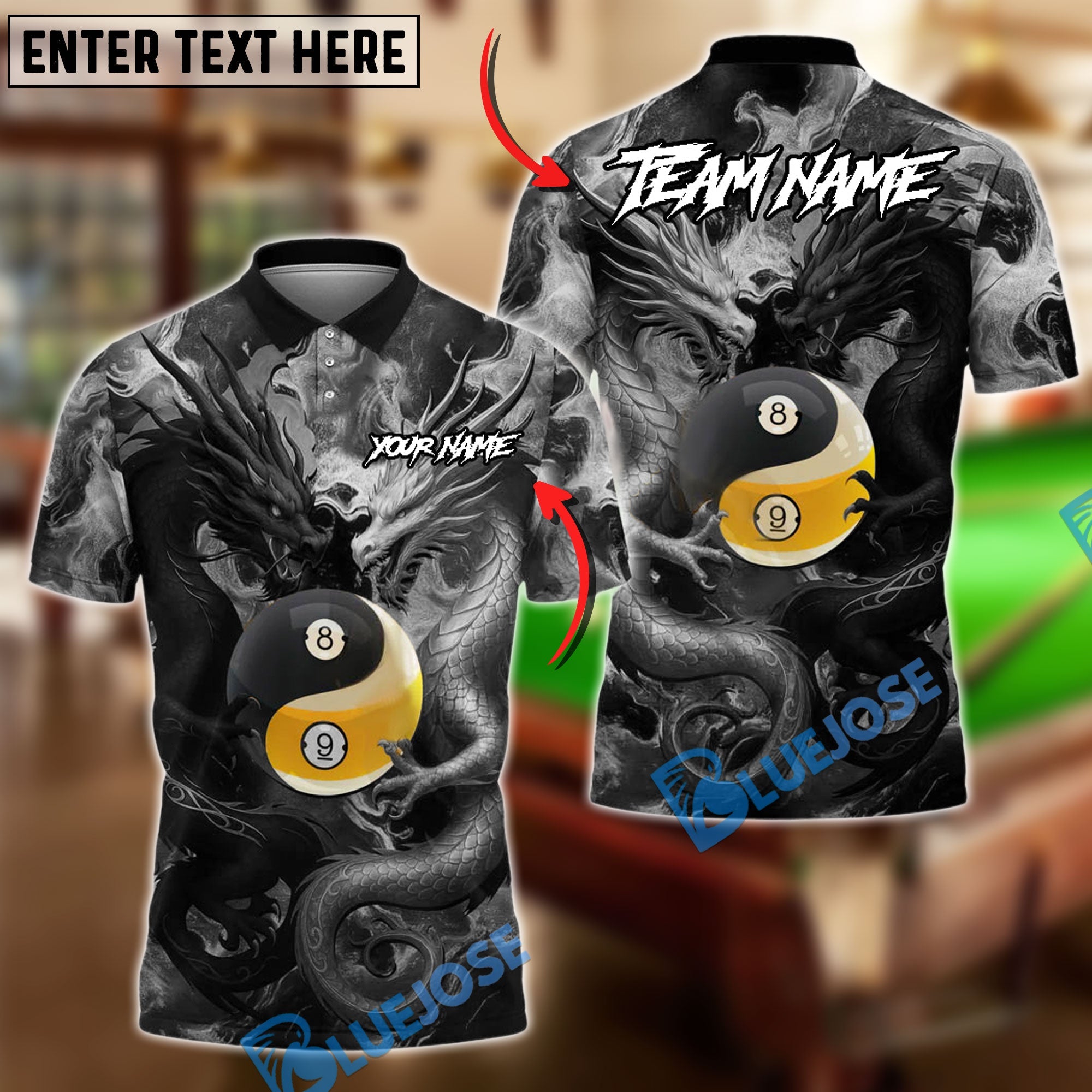 BlueJose Billiards Ball 8 & 9 Yin Yang Dragon Personalized Name Shirt (4 Colors)