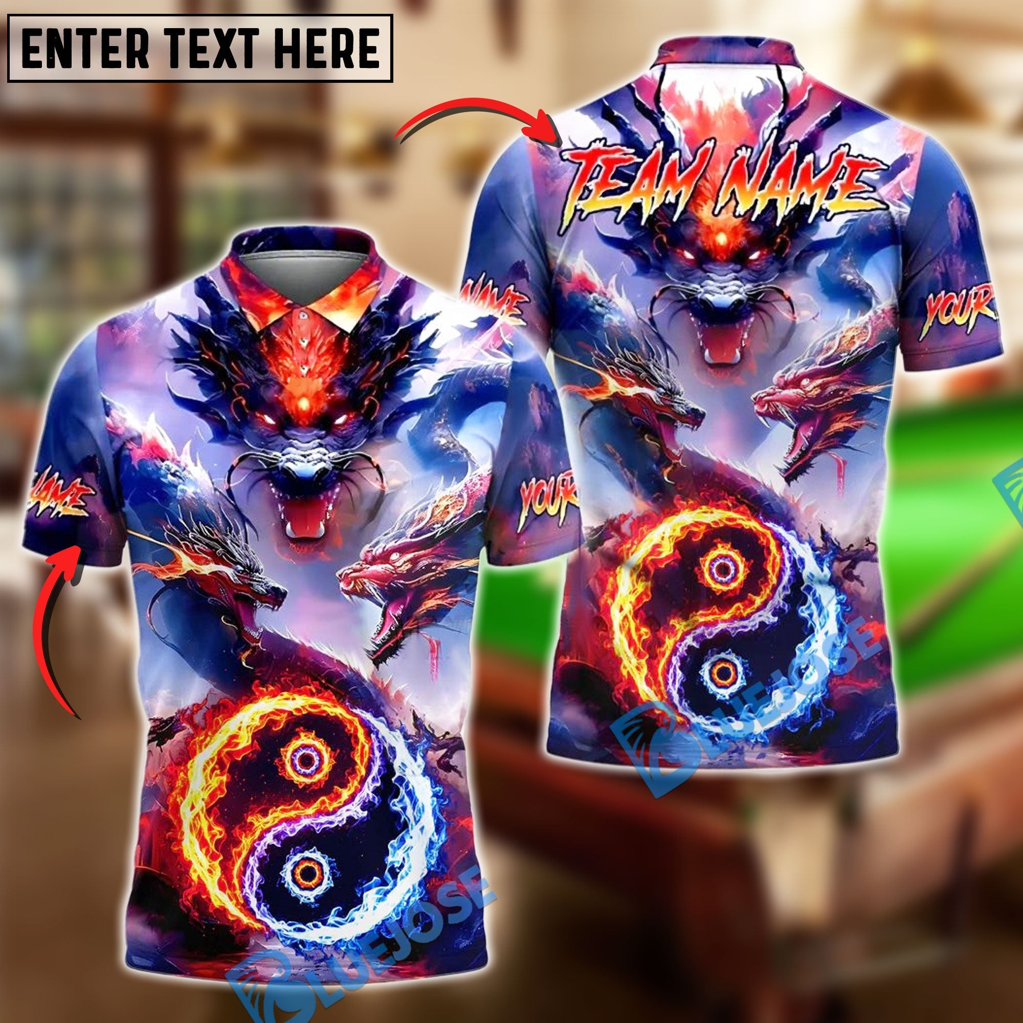 BlueJose Billiards 8-Ball & 9-Ball Yinyang Dragon Inferno Personalized Name, Team Name Unisex Shirt