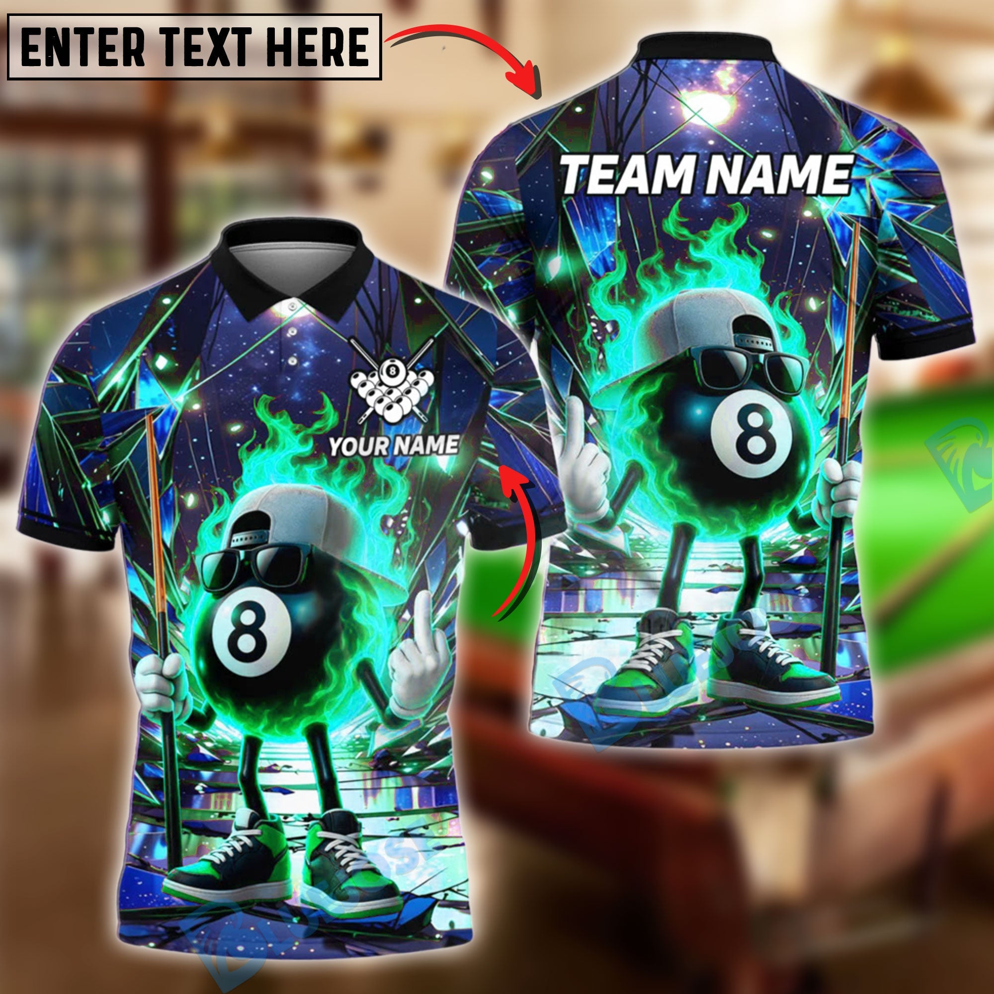 BlueJose Billiards 8 Ball Cosmic Personalized Name, Team Name Unisex Shirt (4 Colors)