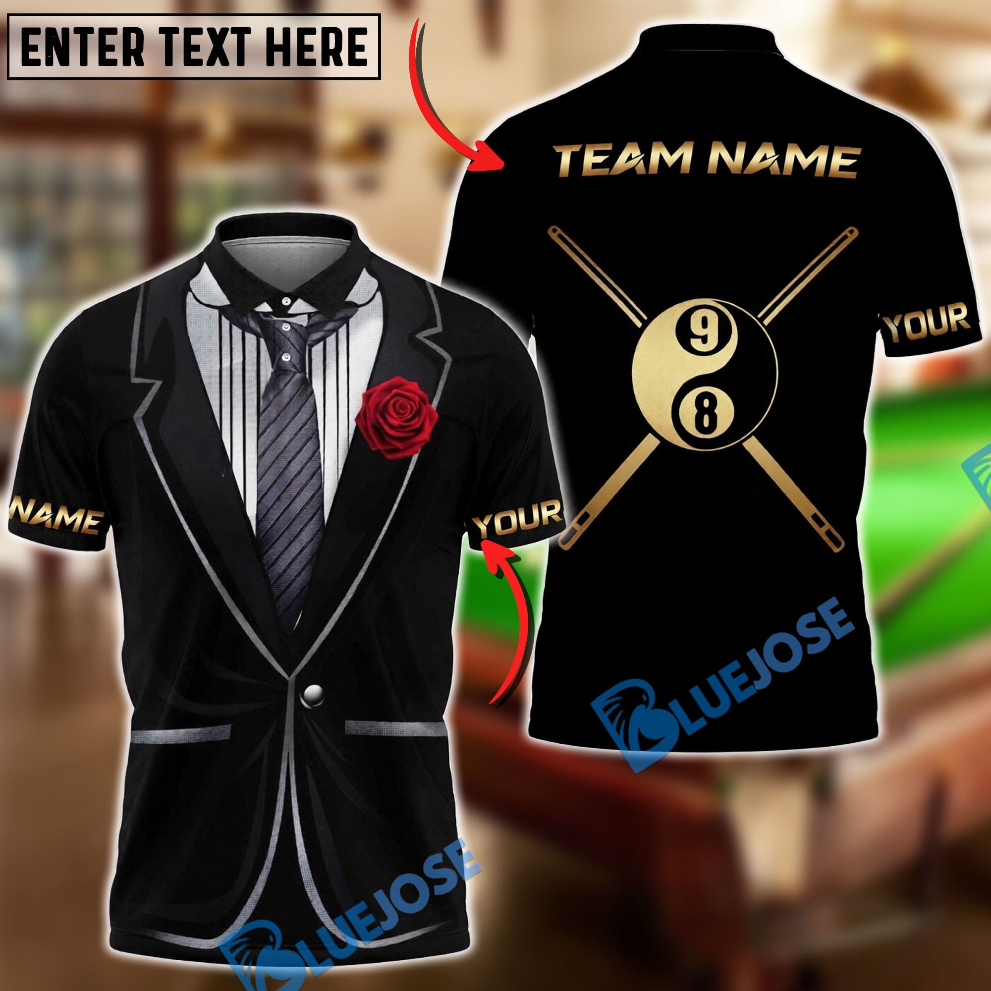 BlueJose Billiards Ball 8 & 9 Yinyang Tuxedo Rose Personalized Shirt