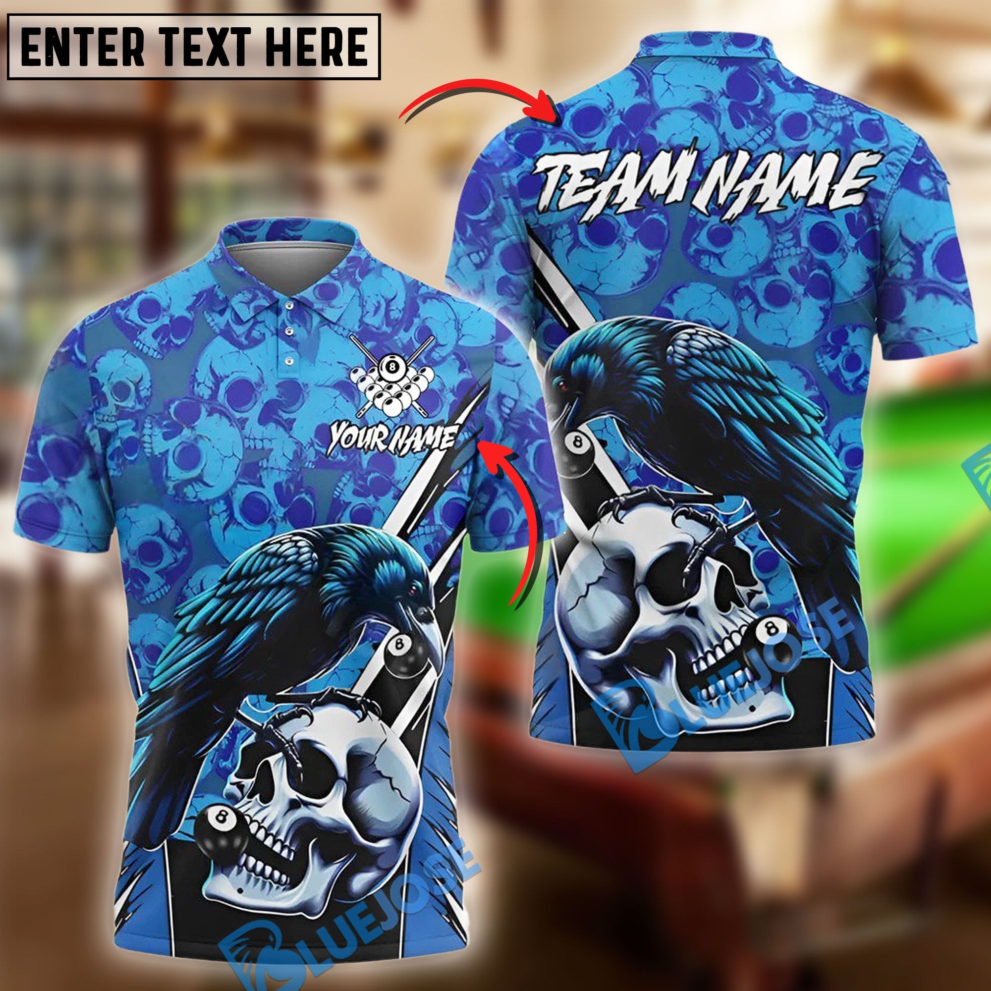 BlueJose Billiards Ball 8 Pool Raven Skull Personalized Name Shirt (4 Colors)
