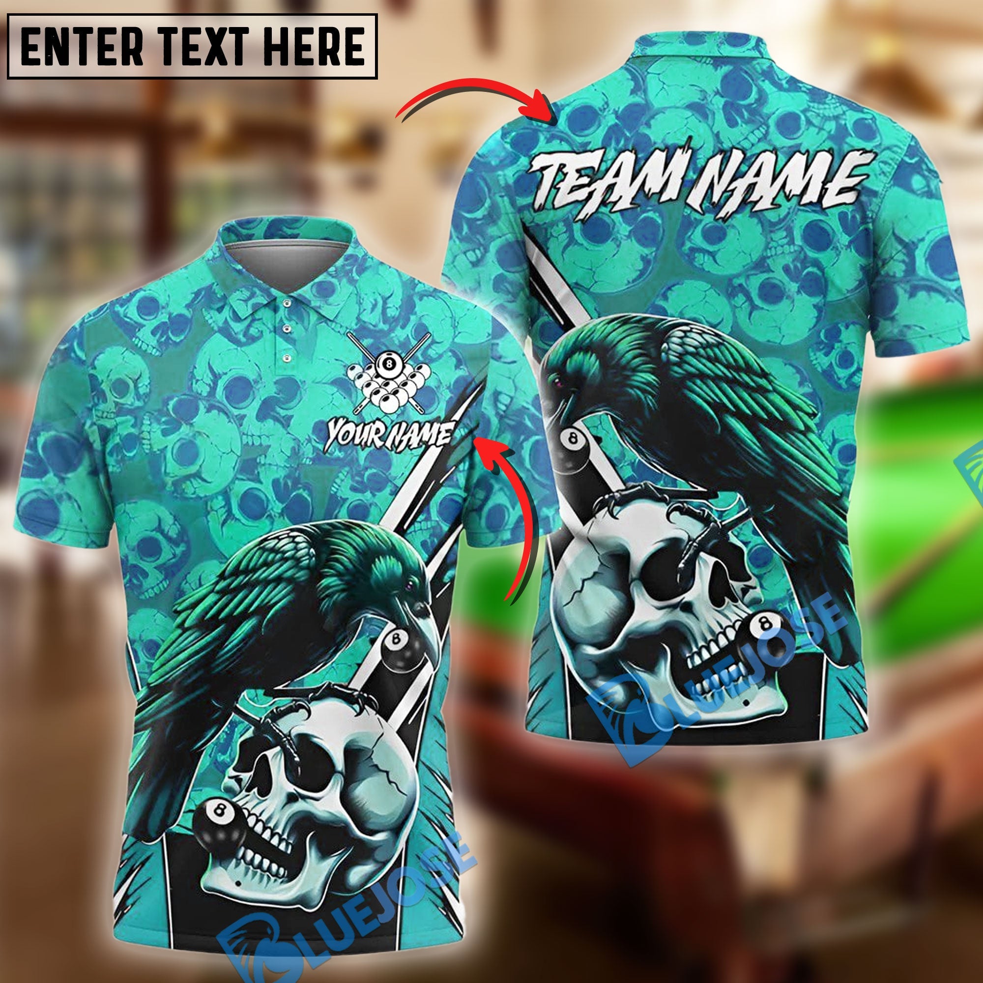 BlueJose Billiards Ball 8 Pool Raven Skull Personalized Name Shirt (4 Colors)