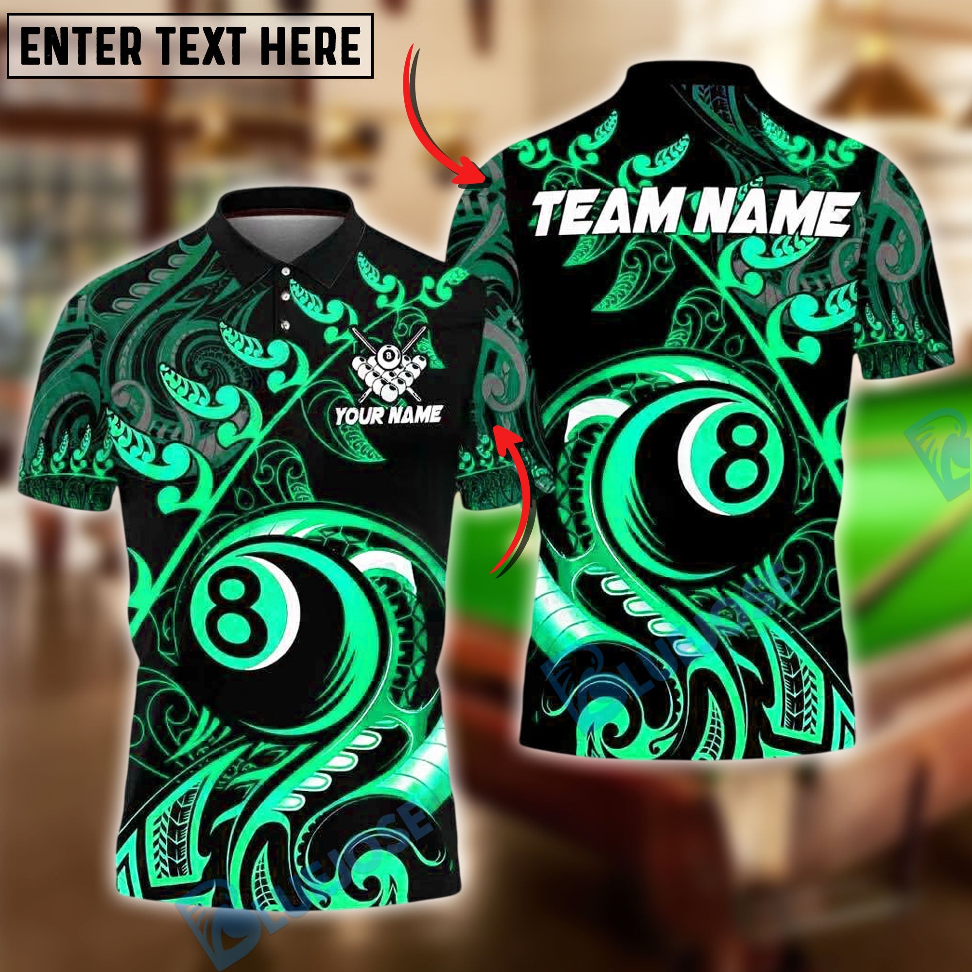 BlueJose Billiards Ball 8 Tribal Leaf Personalized Name, Team Name Unisex Shirt (4 Colors)