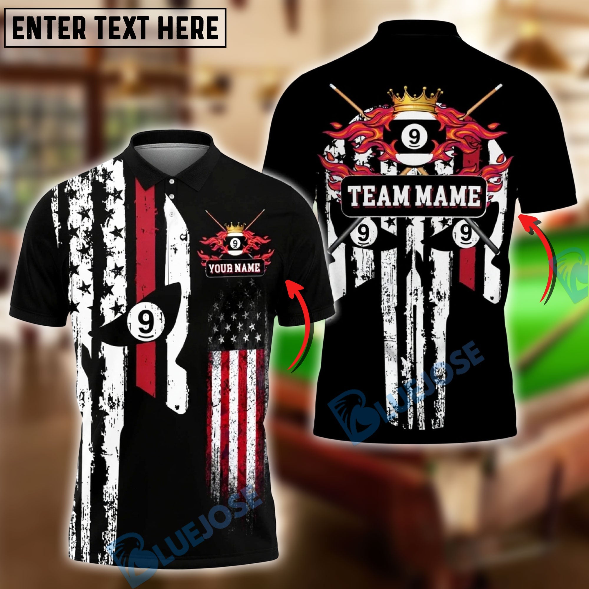 BlueJose Billiards Ball 9 American Flag Punisher Flaming Customized Name, Team Name 3D Shirt