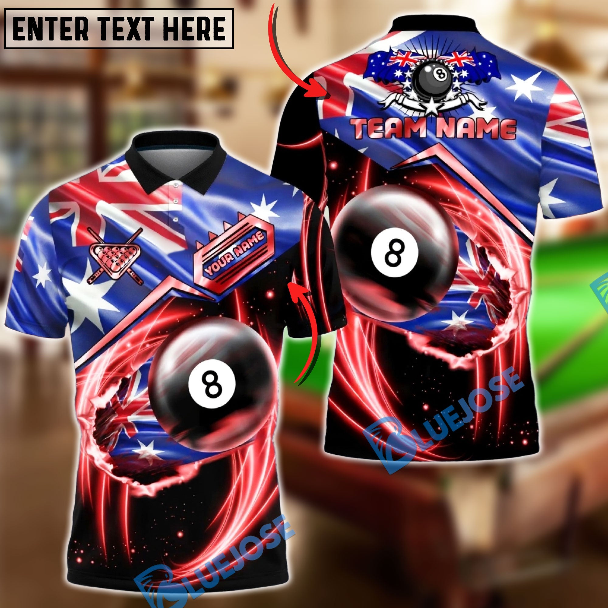 BlueJose Billiards Australia Flag 8 Ball Red Energy Swirl Personalized Shirt