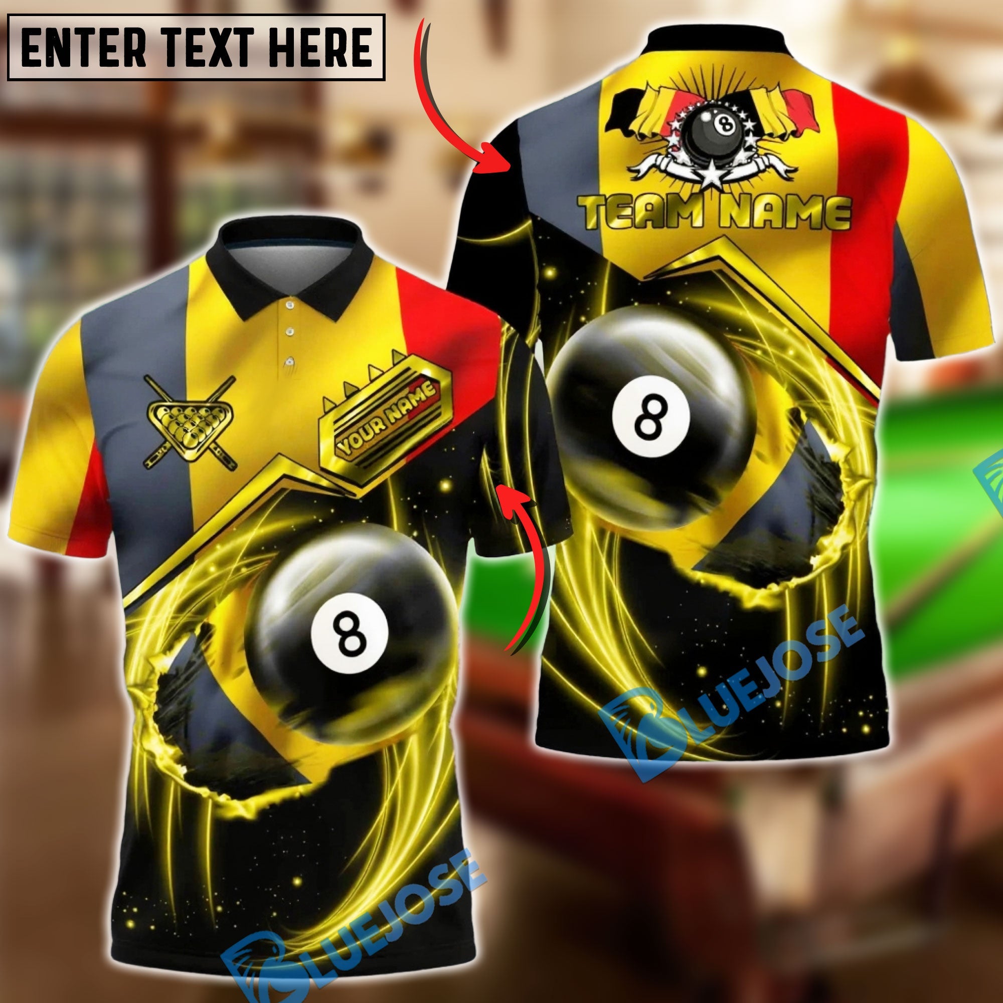 BlueJose Billiards Belgium Flag 8 Ball Golden Lightning Personalized Shirt