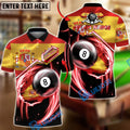 BlueJose Billiards Spain Flag 8 Ball Fire Red Energy Swirl Personalized Shirt