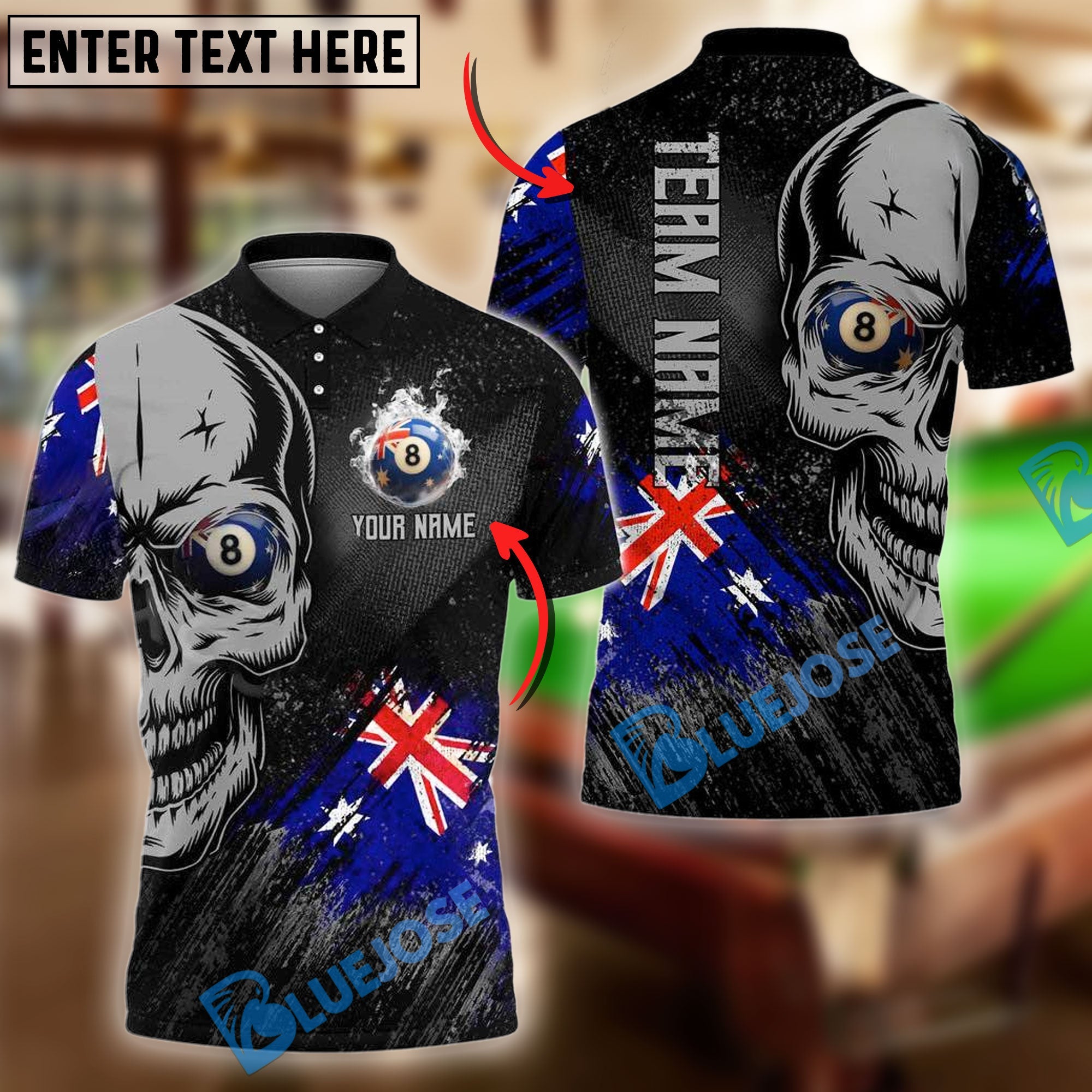 BlueJose Billiards Ball 8 Australian Texas Flag Personalized Name, Team Name Unisex Shirt