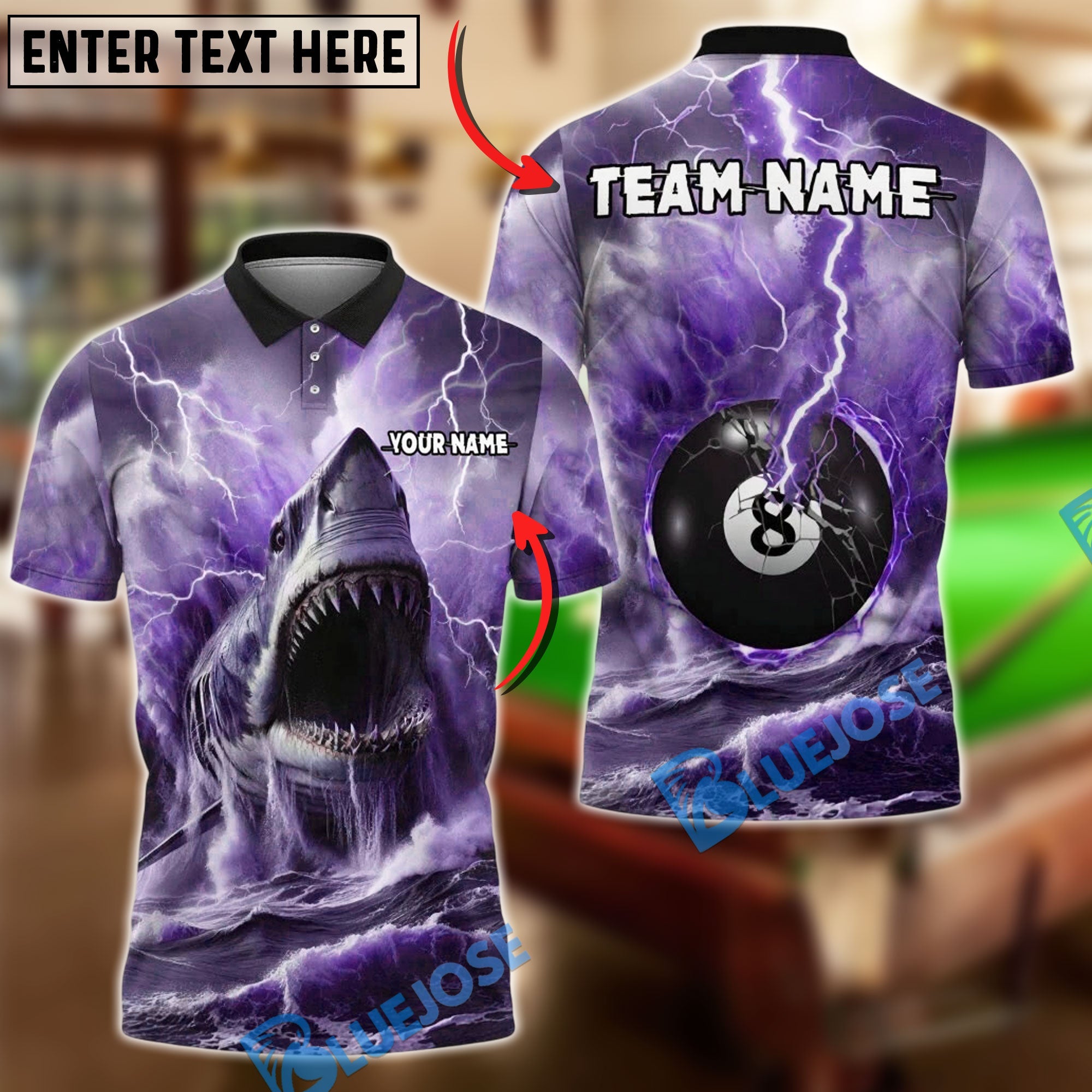BlueJose Billiards 8 Ball Shark and Lightning Personalized Name, Team Name Unisex Shirt (4 Colors)