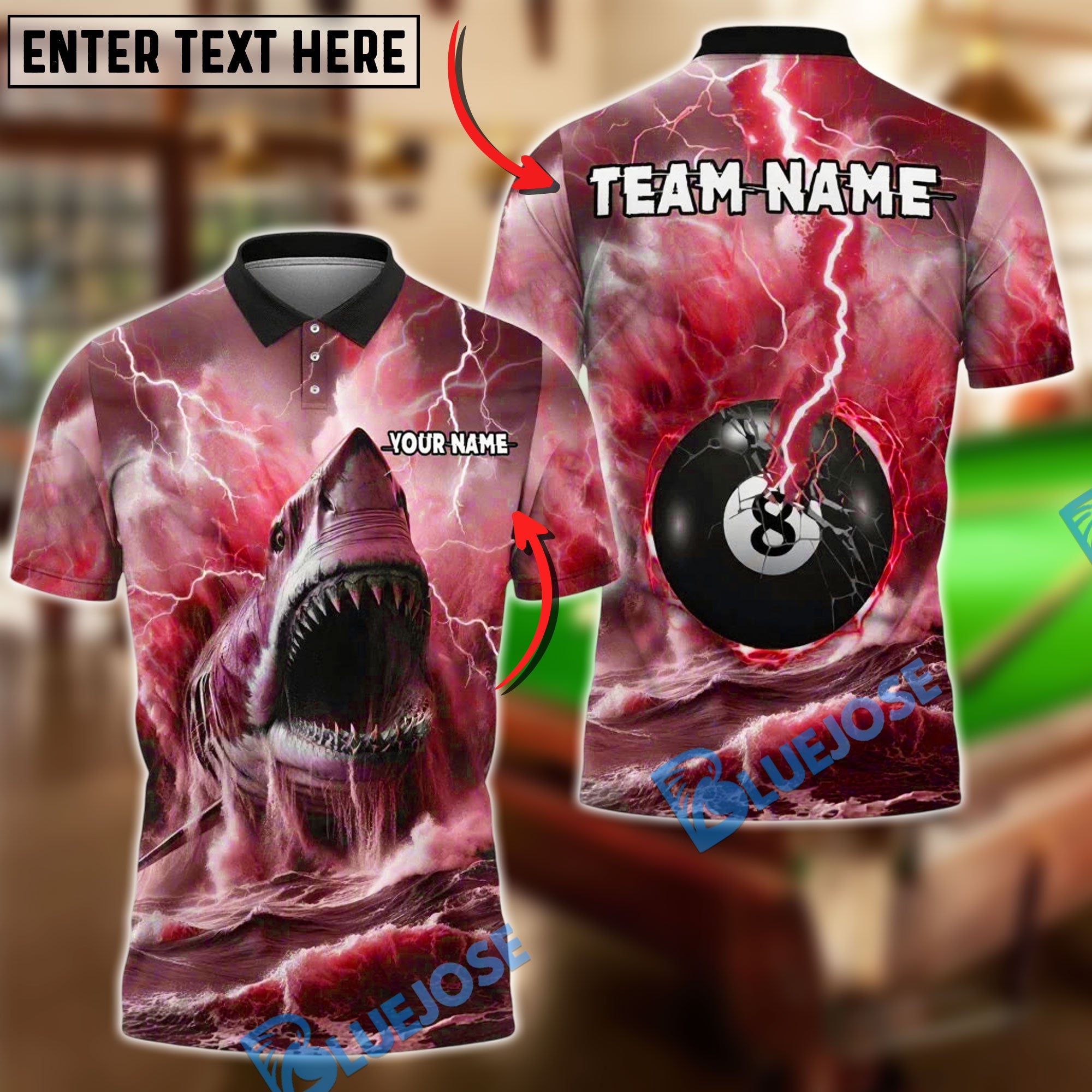 BlueJose Billiards 8 Ball Shark and Lightning Personalized Name, Team Name Unisex Shirt (4 Colors)