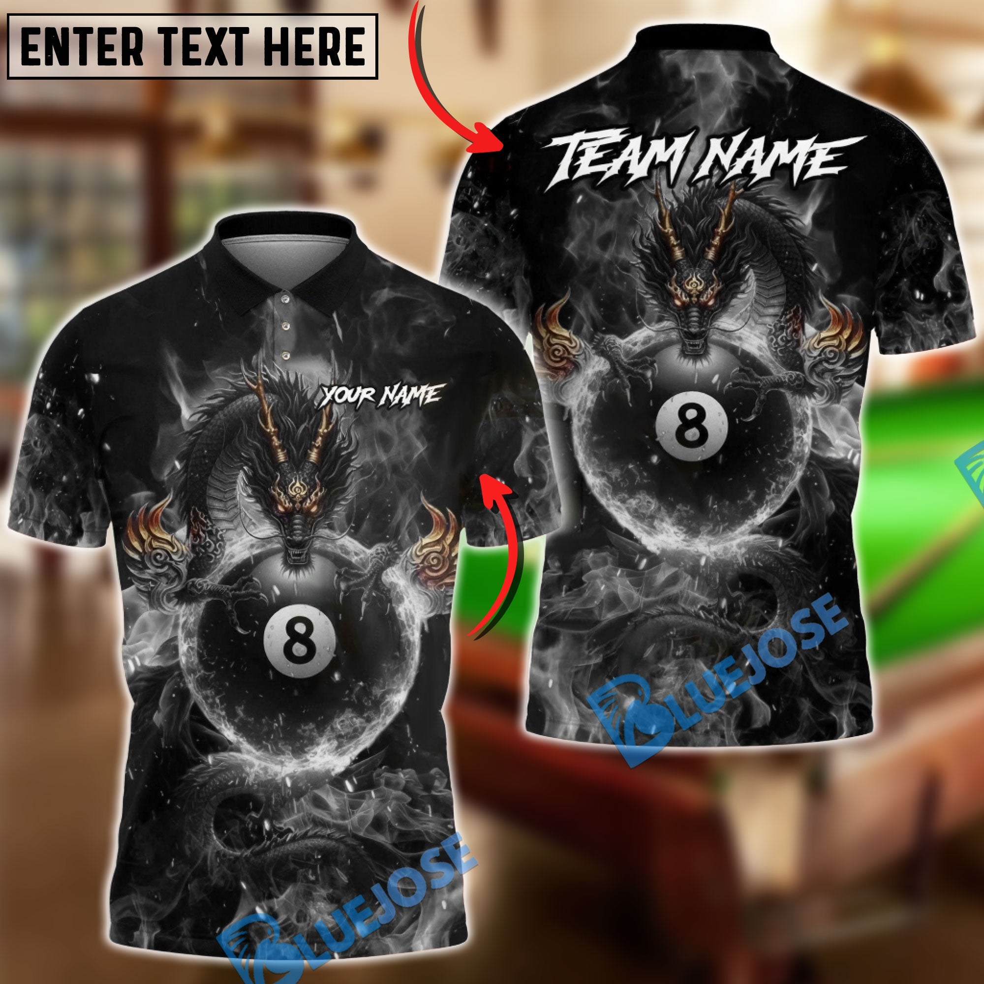 BlueJose Billiards Mystic Dragon Fire Ball 8 Customized Name, Team Name 3D Shirt (6 Colors)