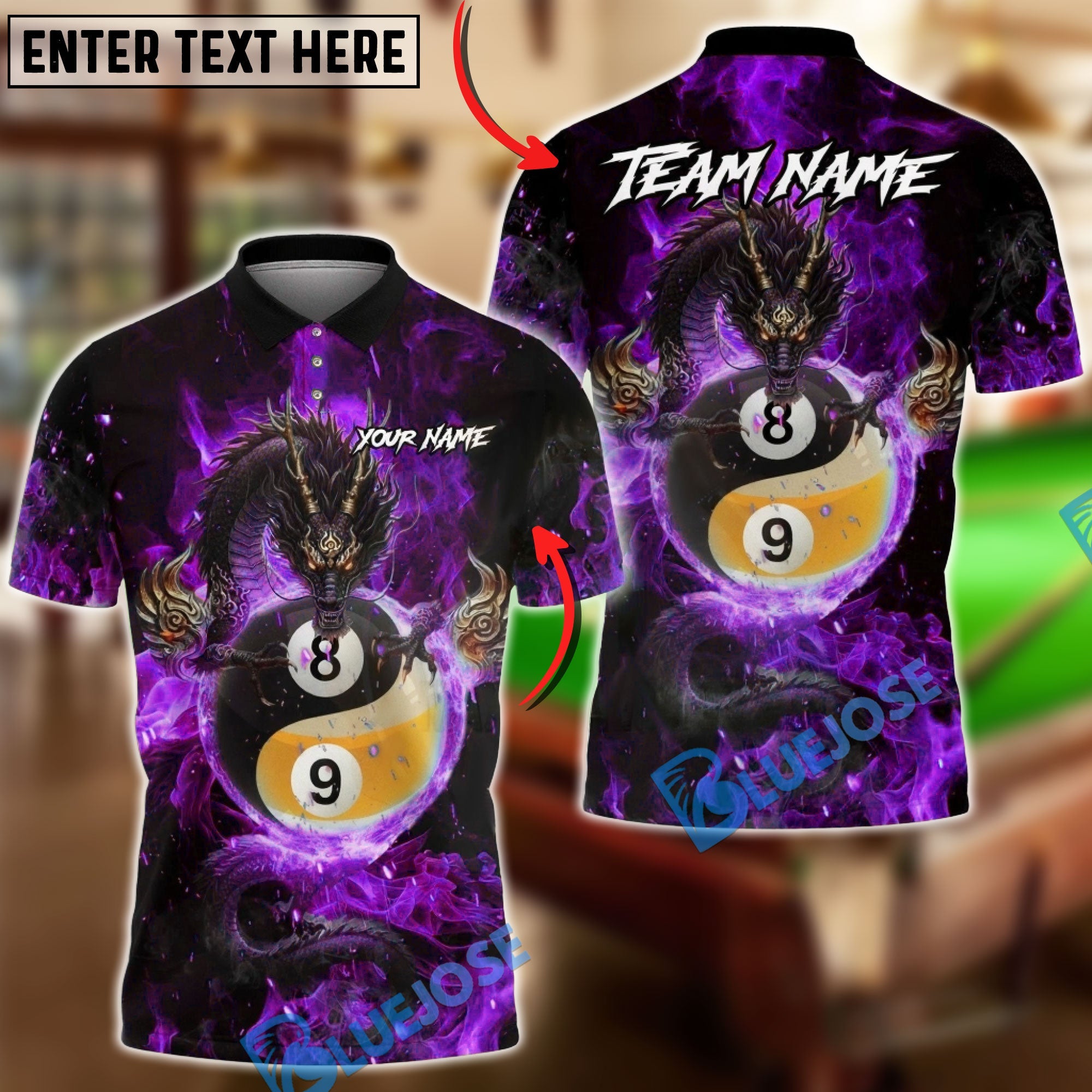 BlueJose Billiards Mystic Dragon Fire Ball 8 9 Yin And Yang Customized Name, Team Name 3D Shirt (6 Colors)