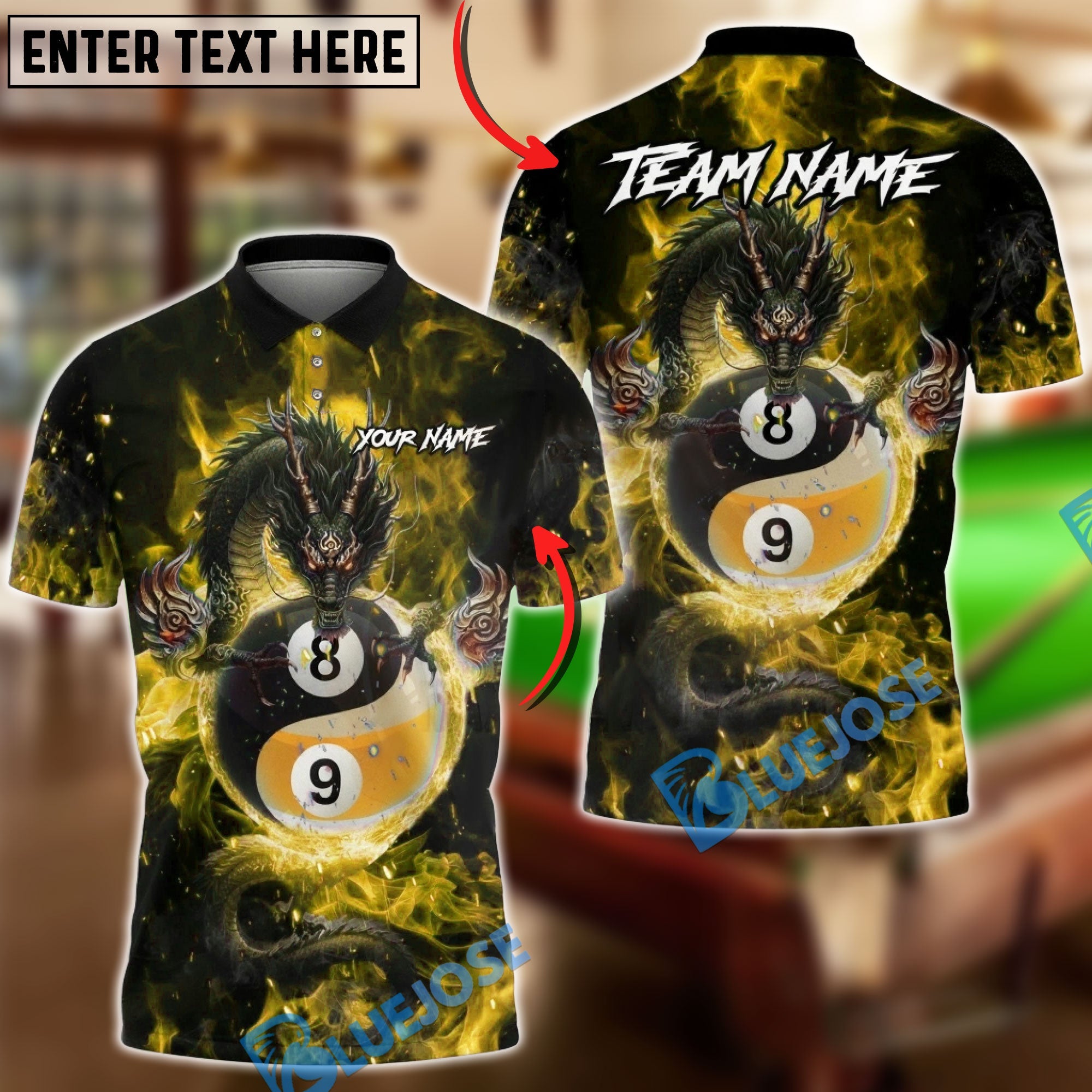 BlueJose Billiards Mystic Dragon Fire Ball 8 9 Yin And Yang Customized Name, Team Name 3D Shirt (6 Colors)