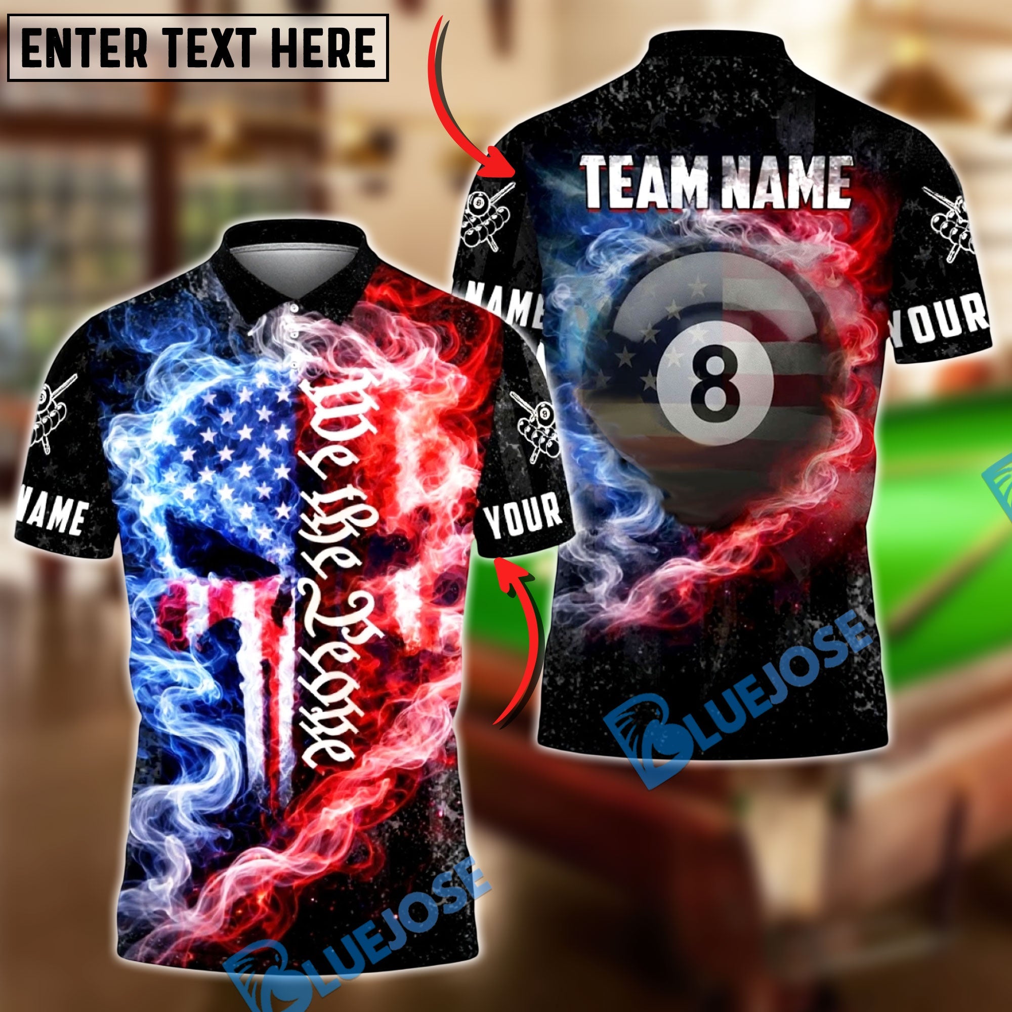 BlueJose Billiards 8 Ball We The People Fire Smoke Punisher Skull Design Personalized Shirt