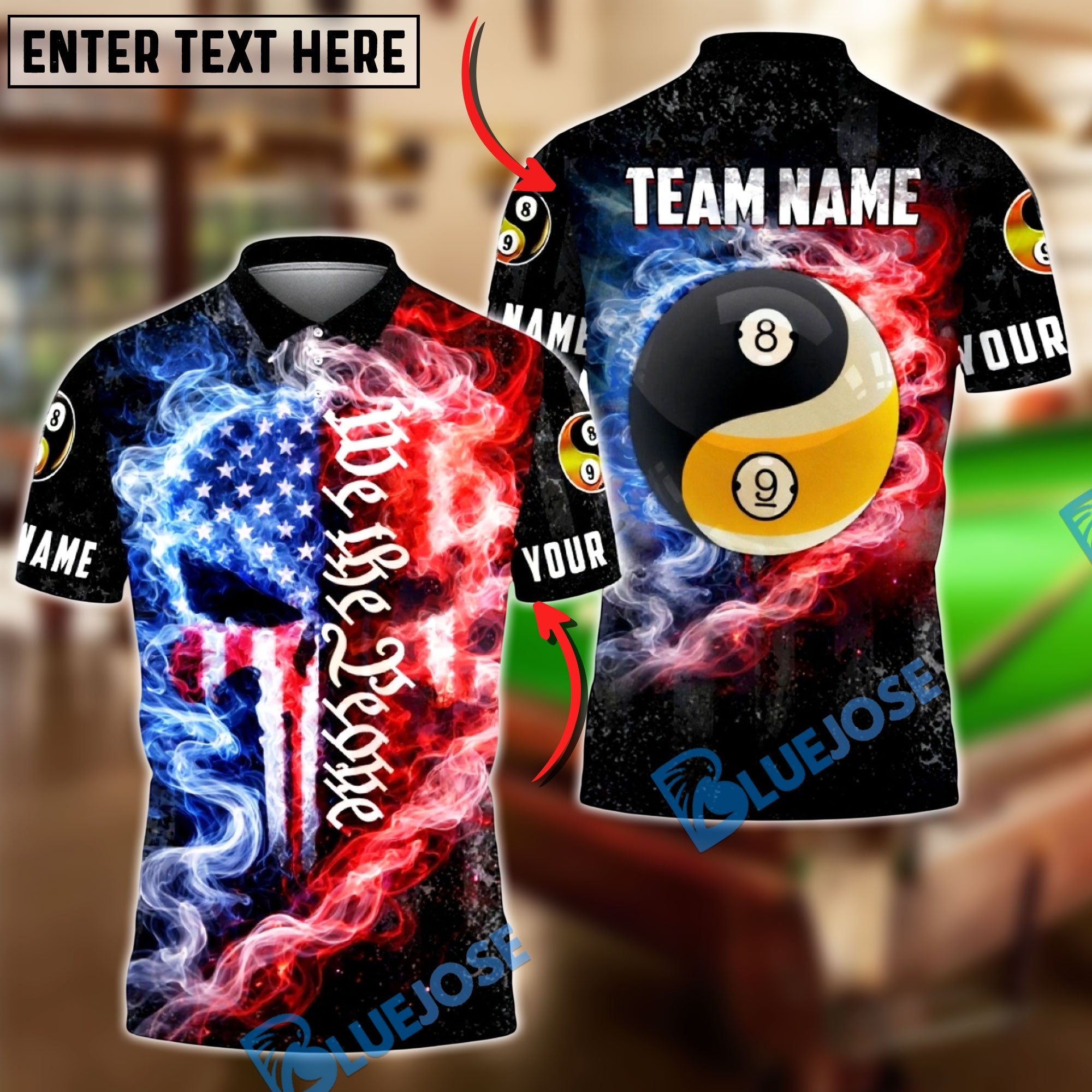 BlueJose Billiards 8 Ball & 9 Ball Yinyang We The People Fire Smoke Punisher Skull Design Personalized Shirt