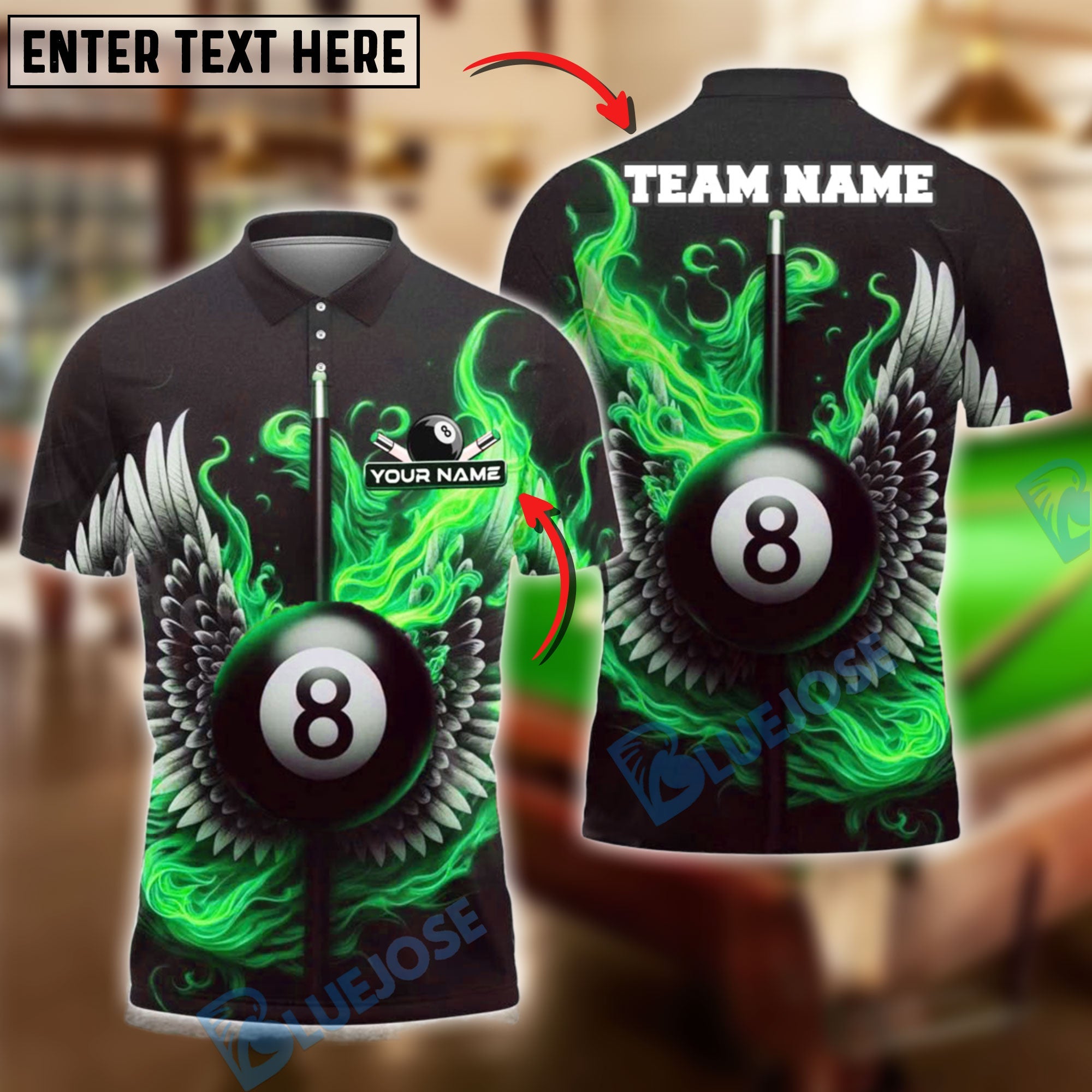 BlueJose Billiards Flaming Wings 8-Ball Personalized Name Shirt (4 Colors)
