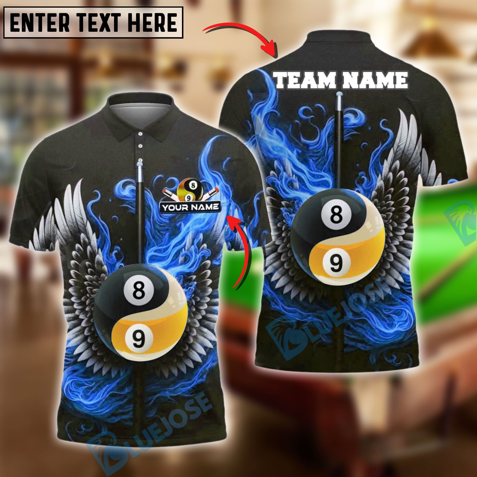 BlueJose Billiards Flaming Wings Yin-Yang 8 & 9 Ball Personalized Name Shirt (4 Colors)