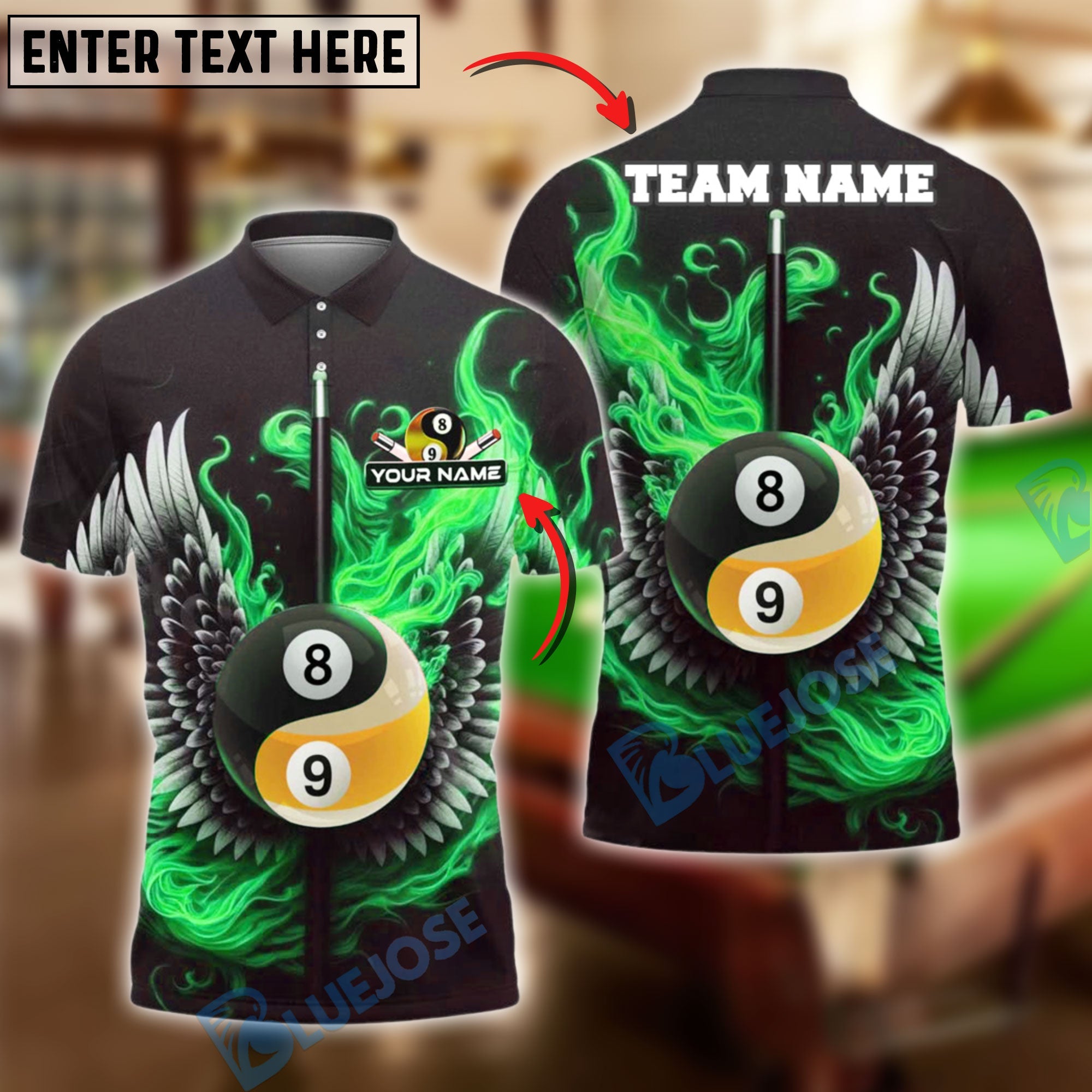 BlueJose Billiards Flaming Wings Yin-Yang 8 & 9 Ball Personalized Name Shirt (4 Colors)