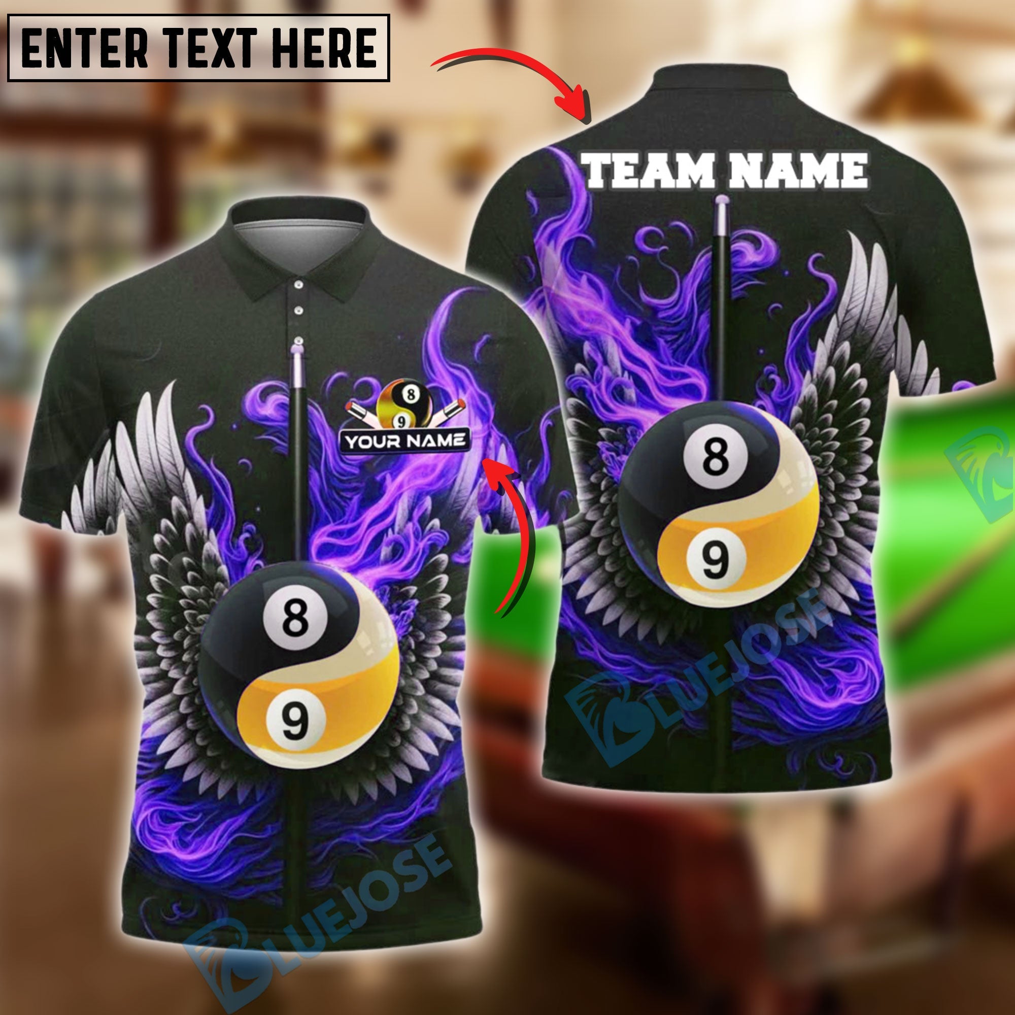 BlueJose Billiards Flaming Wings Yin-Yang 8 & 9 Ball Personalized Name Shirt (4 Colors)