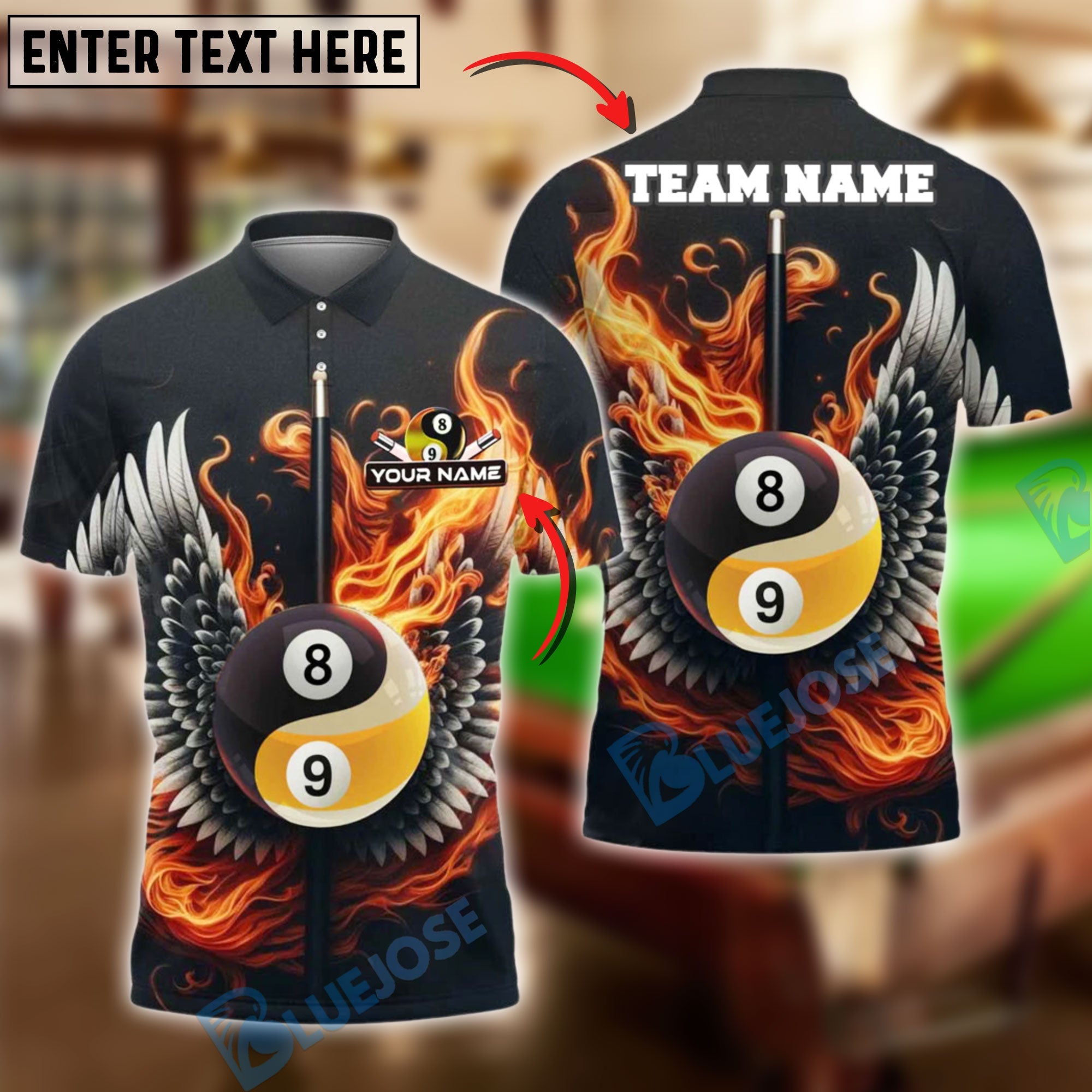 BlueJose Billiards Flaming Wings Yin-Yang 8 & 9 Ball Personalized Name Shirt (4 Colors)