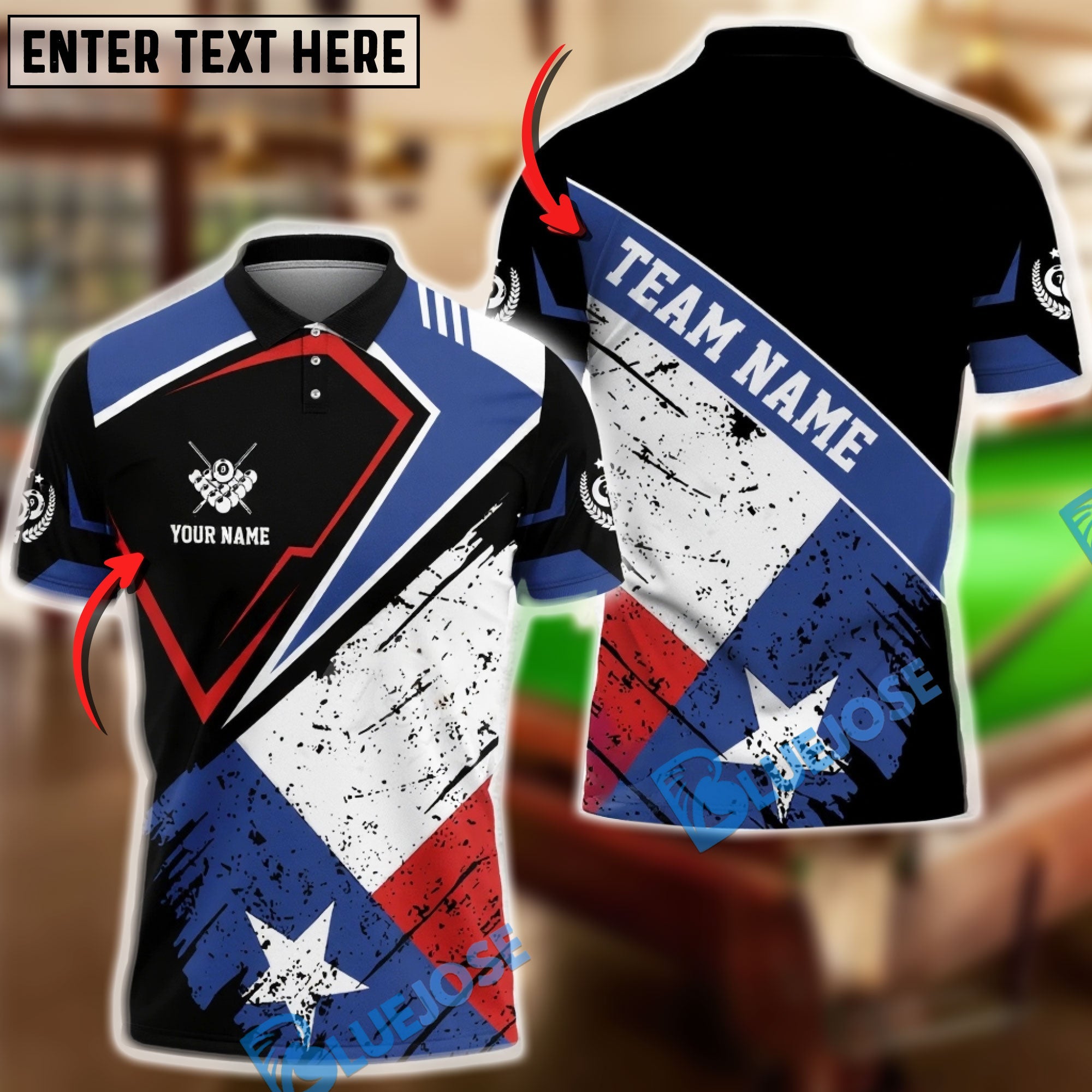 BlueJose Billiards 8-Ball Texas Flag Vintage Style Personalized Shirt