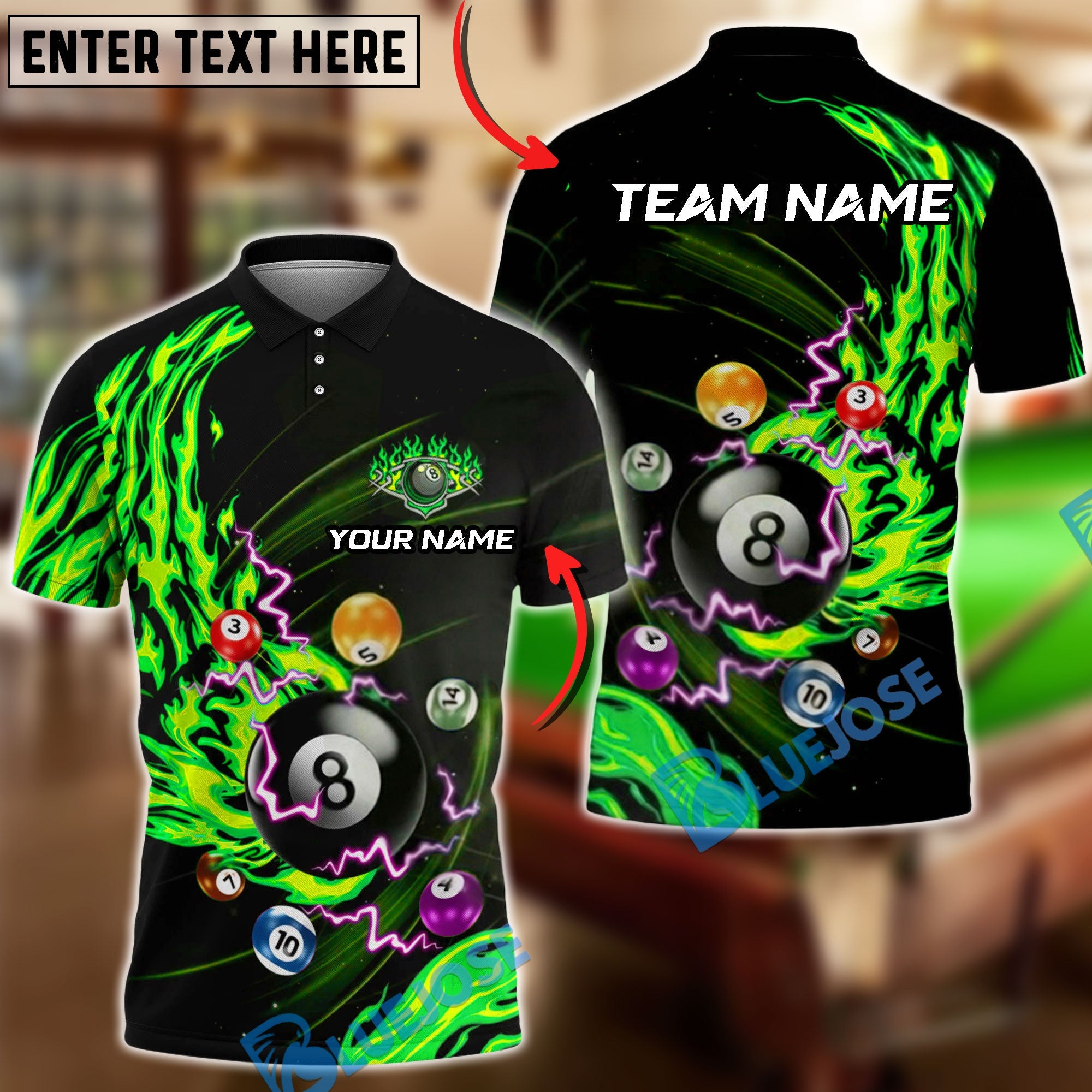 BlueJose Billiards Fire Flame Lightning 8 Ball Pool Customized Name, Team Name 3D Shirt (4 Colors)