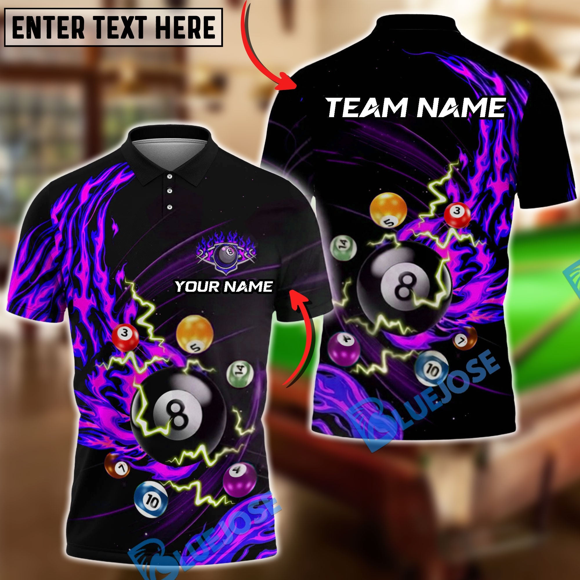 BlueJose Billiards Fire Flame Lightning 8 Ball Pool Customized Name, Team Name 3D Shirt (4 Colors)