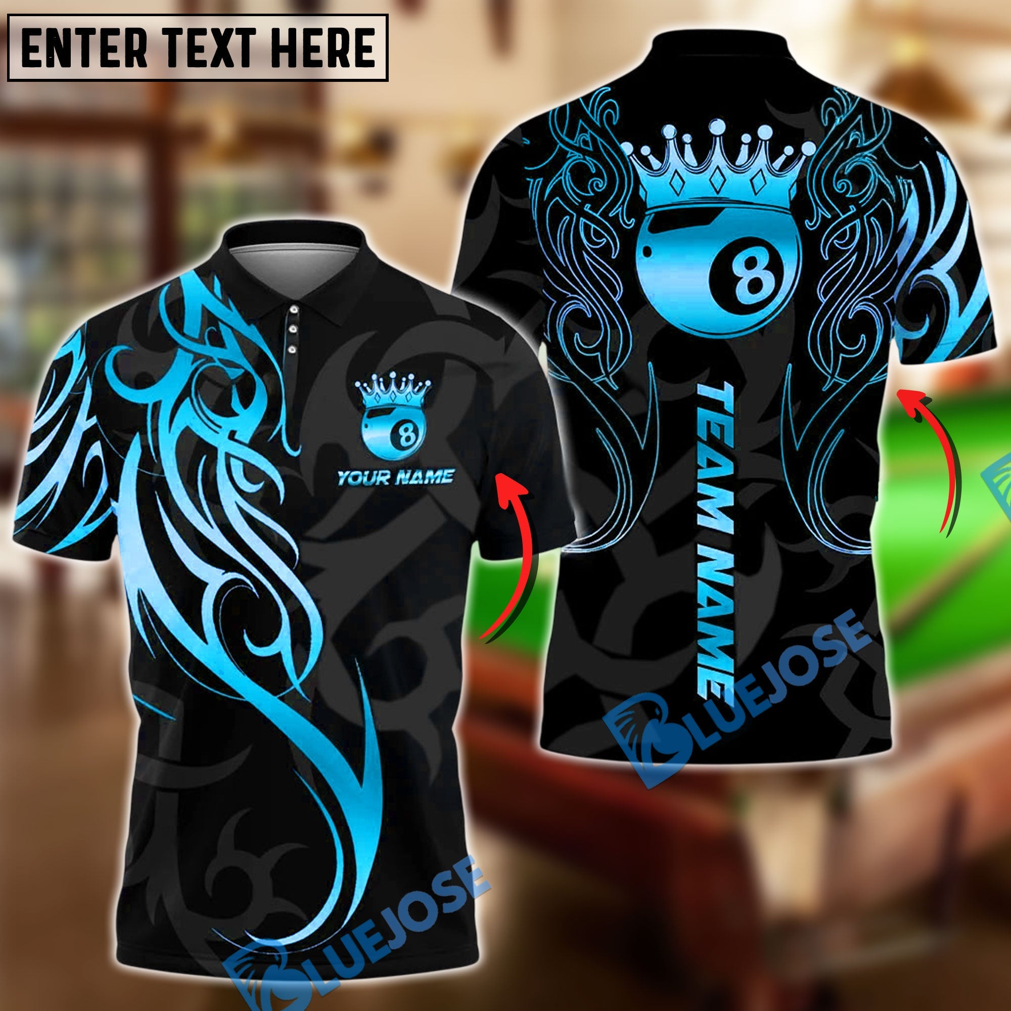 BlueJose Billiards 8 Ball Sport Crown Tribal Personalized Name, Team Name Unisex Shirt (4 Colors)