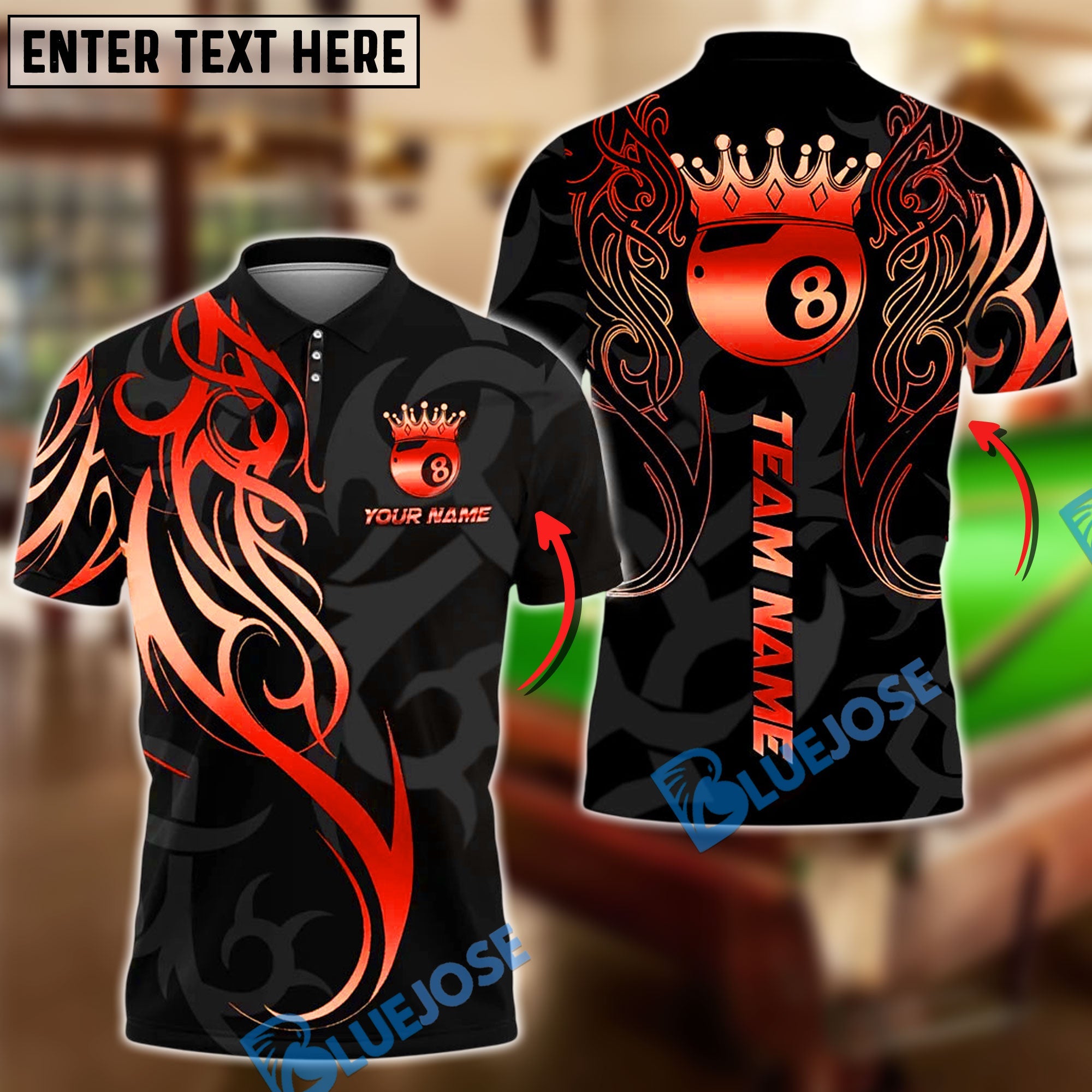 BlueJose Billiards 8 Ball Sport Crown Tribal Personalized Name, Team Name Unisex Shirt (4 Colors)
