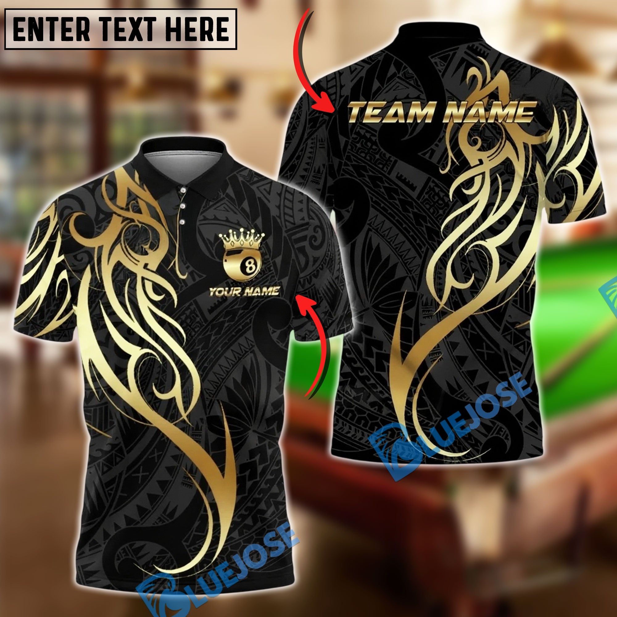 BlueJose Billiards 8 Ball Golden Tribal Crown Personalized Name, Team Name Unisex Shirt (4 Colors)