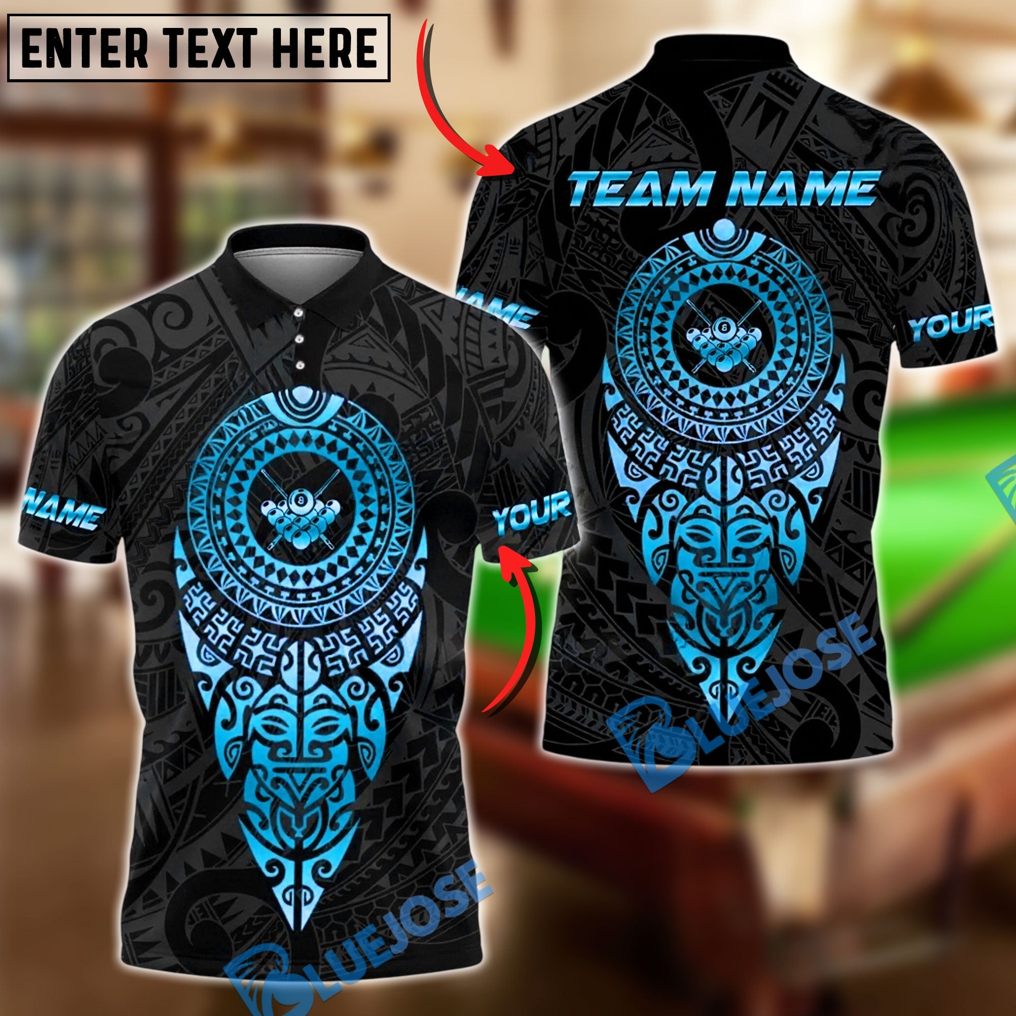 BlueJose Billiards 8 Ball Sport Aztec Mandala Pattern Personalized Name, Team Name Unisex Shirt (4 Colors)