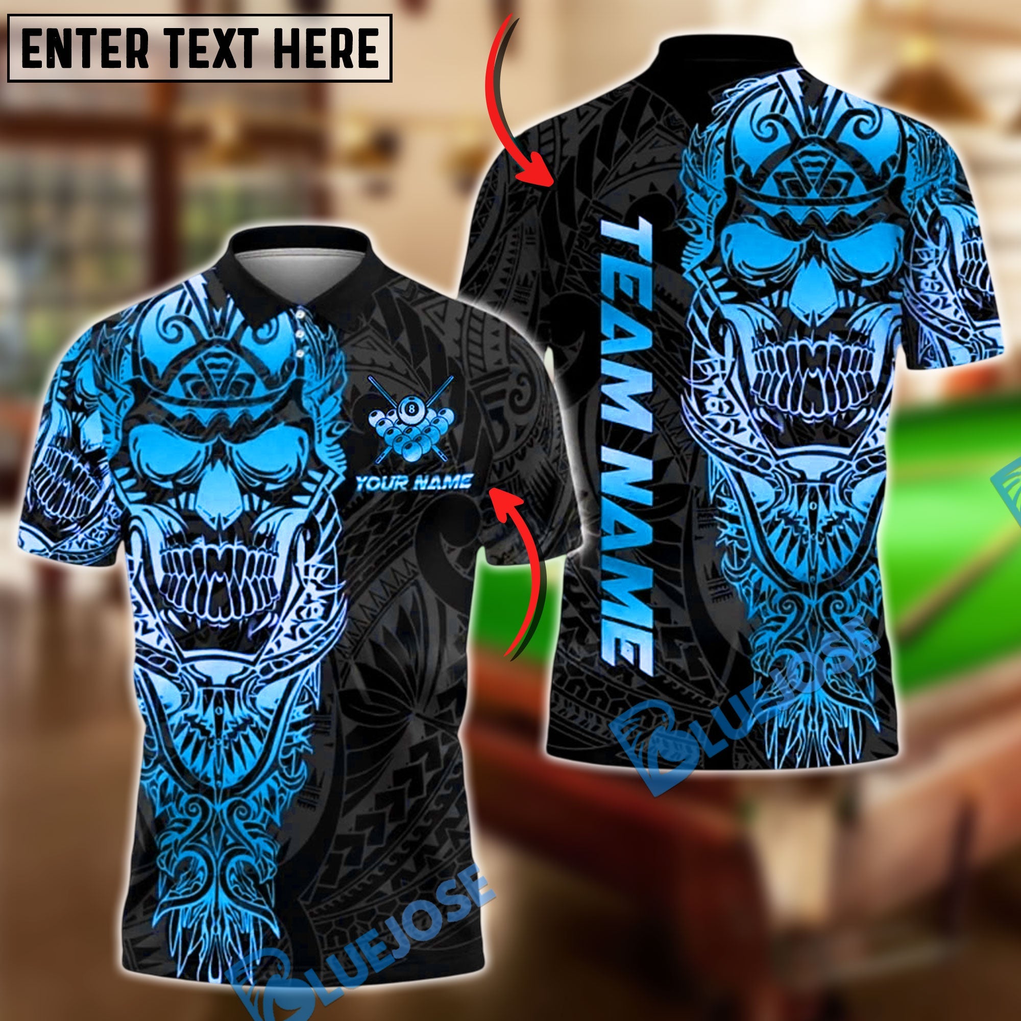 BlueJose Billiards 8 Ball Sport Skull Warrior Tribal Personalized Name, Team Name Unisex Shirt (4 Colors)