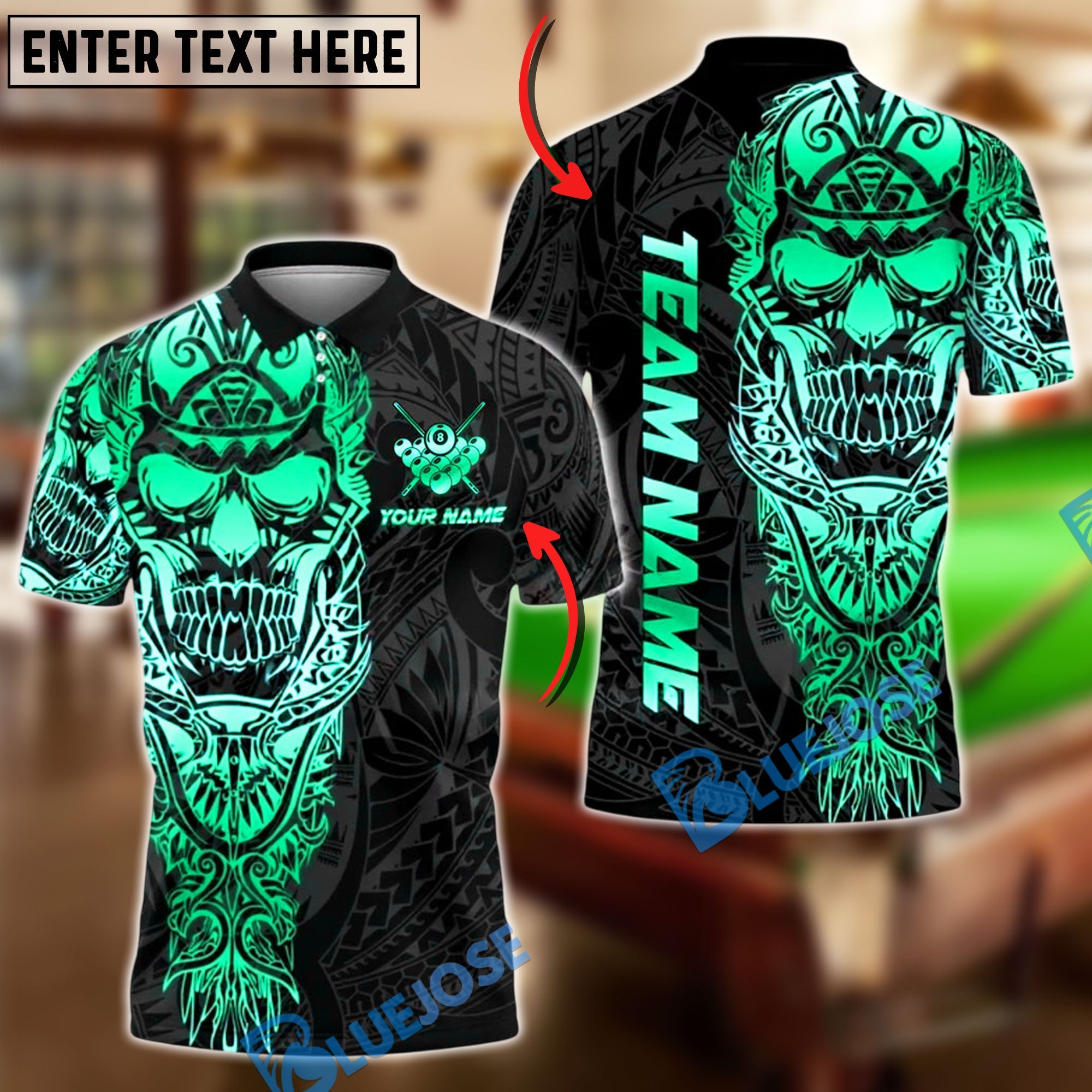 BlueJose Billiards 8 Ball Sport Skull Warrior Tribal Personalized Name, Team Name Unisex Shirt (4 Colors)