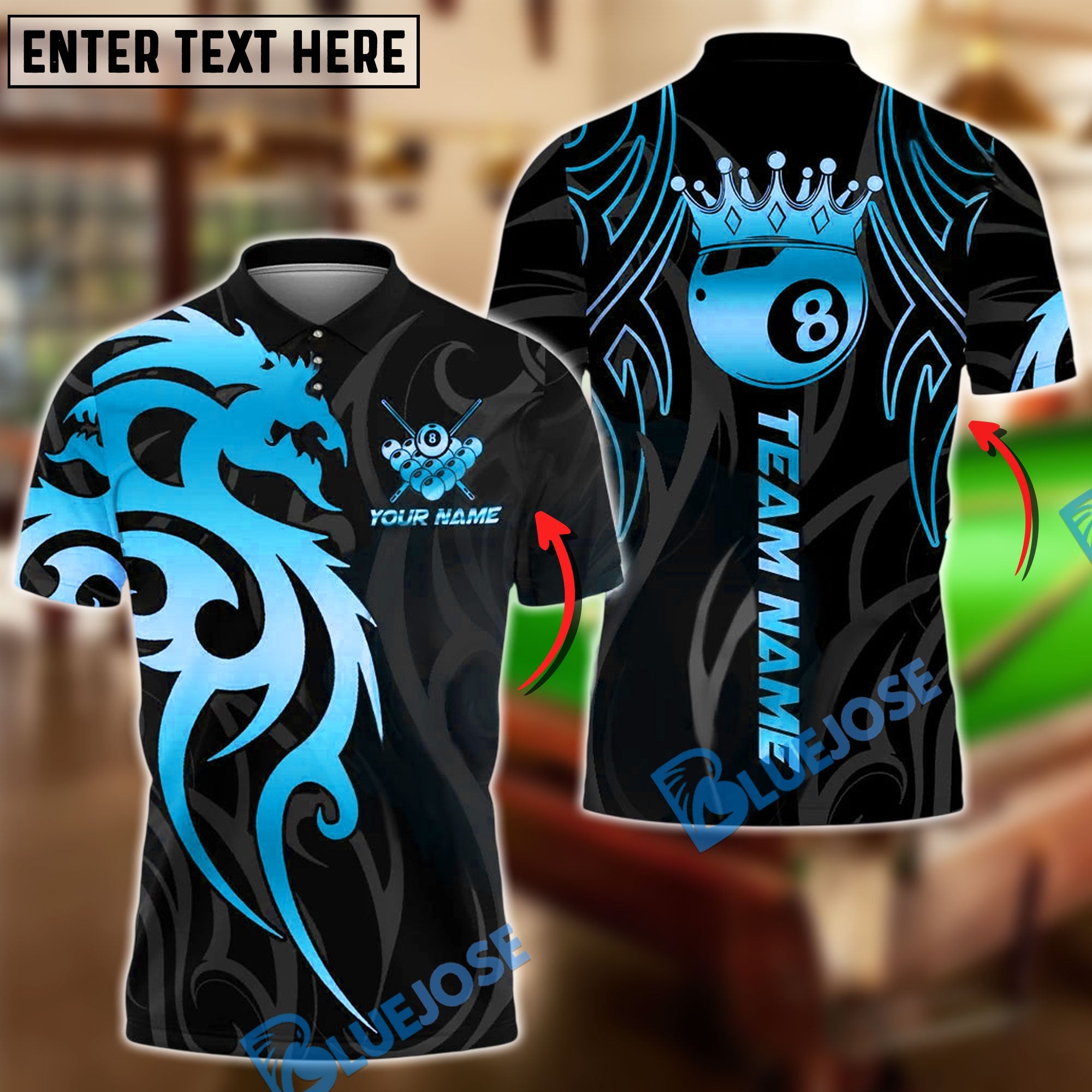 BlueJose Billiards 8 Ball Sport Dragon Crown Tribal Personalized Name, Team Name Unisex Shirt (4 Colors)