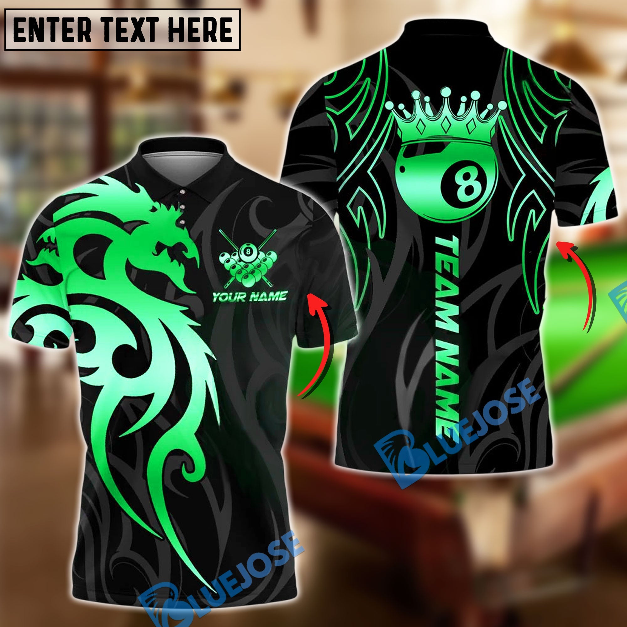 BlueJose Billiards 8 Ball Sport Dragon Crown Tribal Personalized Name, Team Name Unisex Shirt (4 Colors)