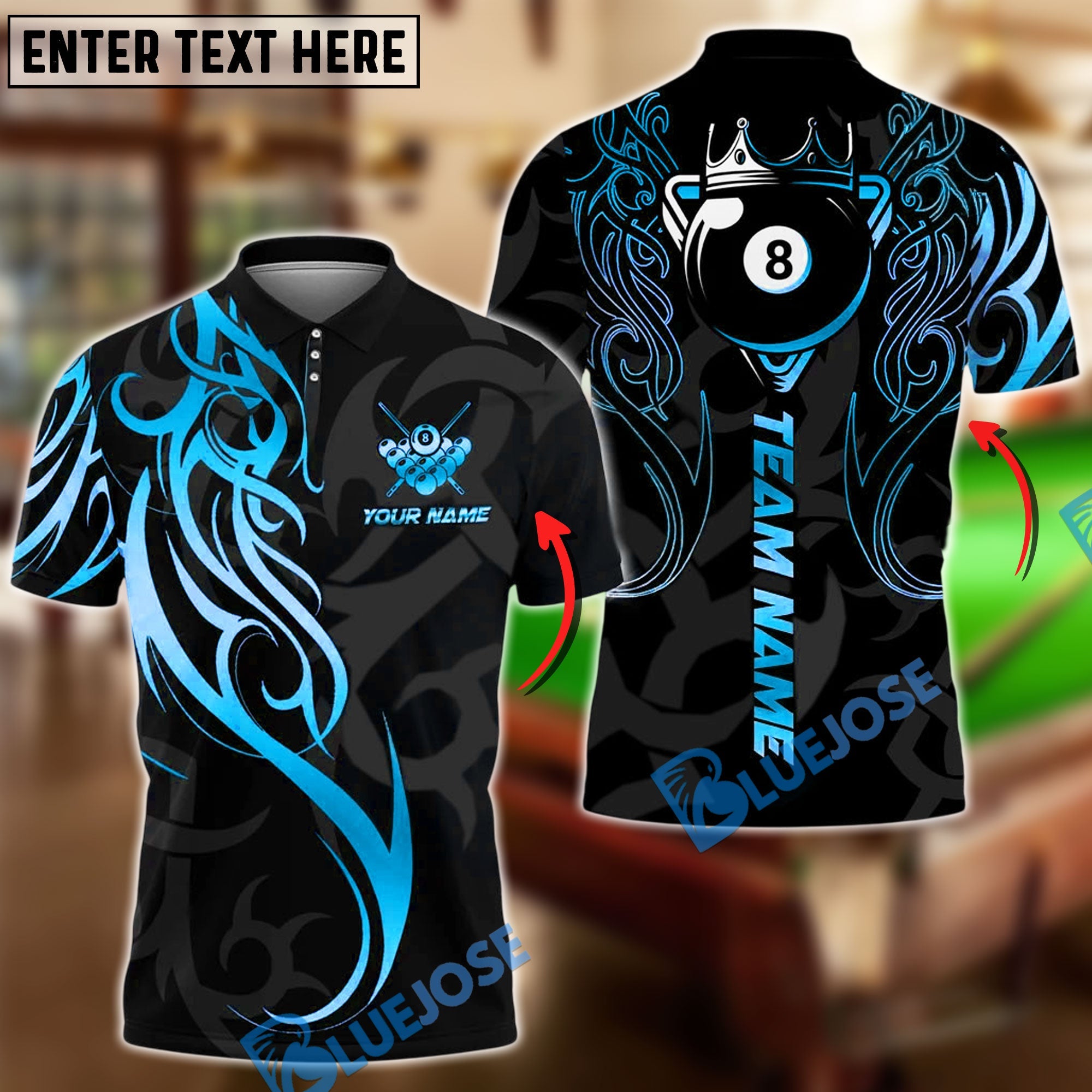 BlueJose Billiards 8 Ball Sport Tribal Crown Cue Personalized Name, Team Name Unisex Shirt (4 Colors)