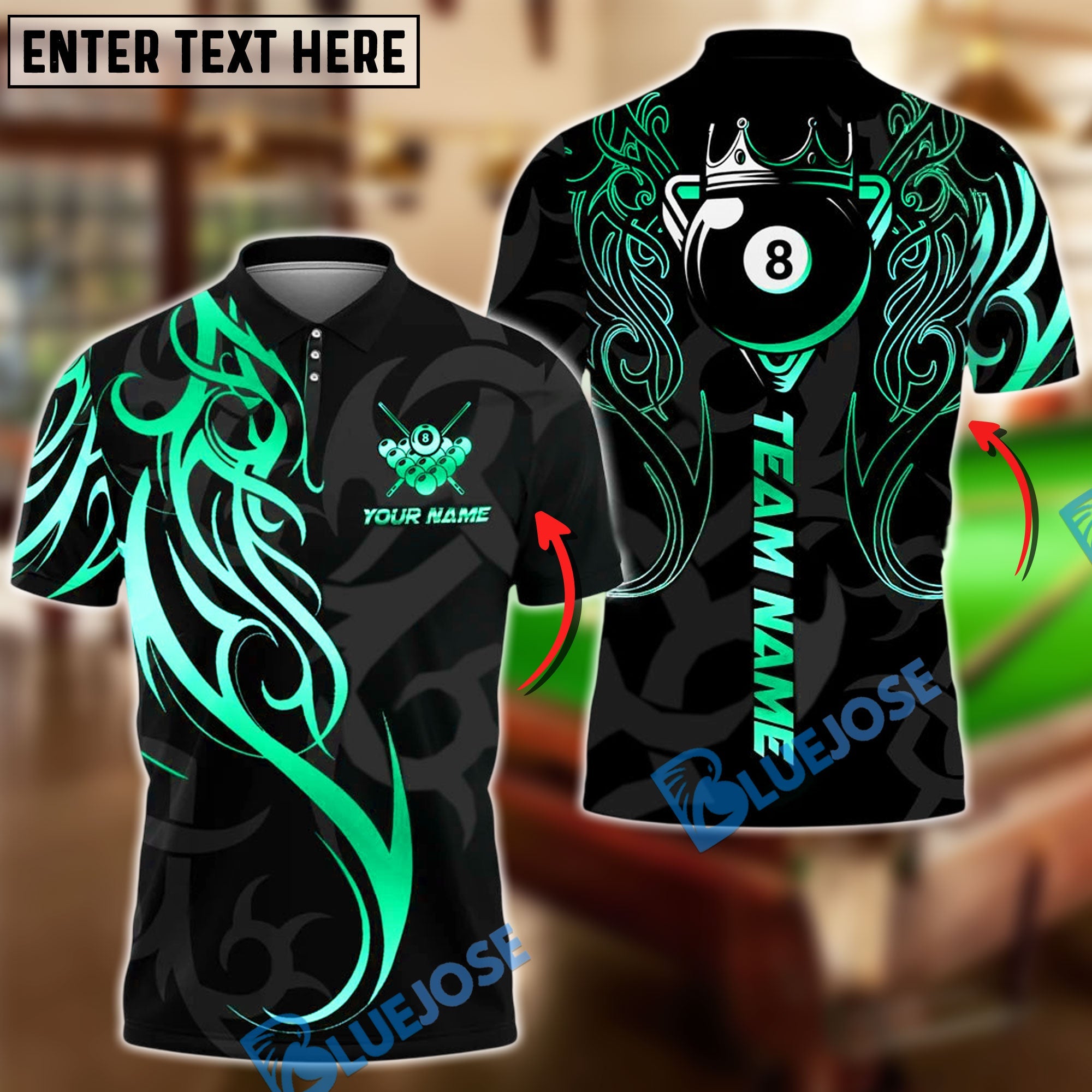 BlueJose Billiards 8 Ball Sport Tribal Crown Cue Personalized Name, Team Name Unisex Shirt (4 Colors)