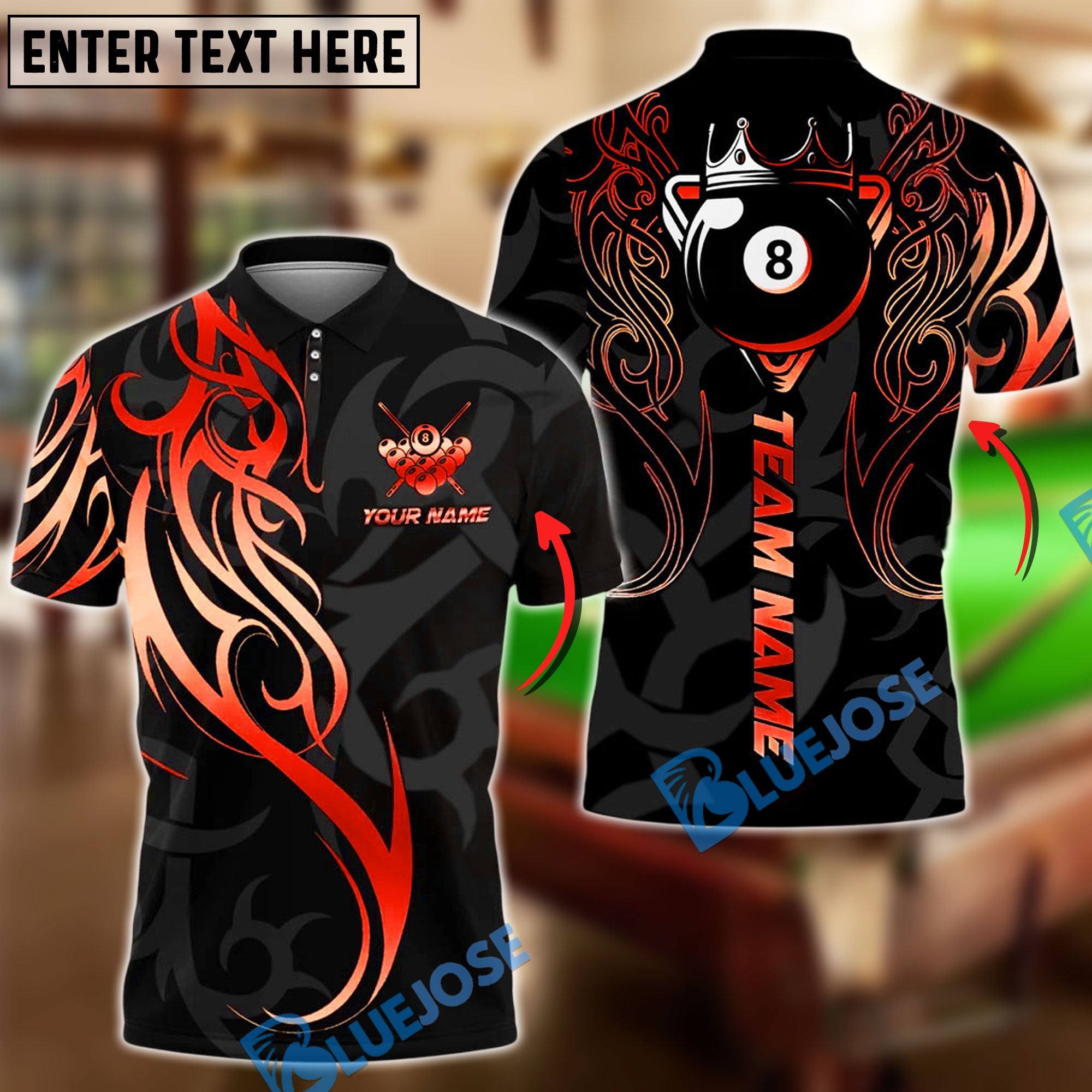 BlueJose Billiards 8 Ball Sport Tribal Crown Cue Personalized Name, Team Name Unisex Shirt (4 Colors)