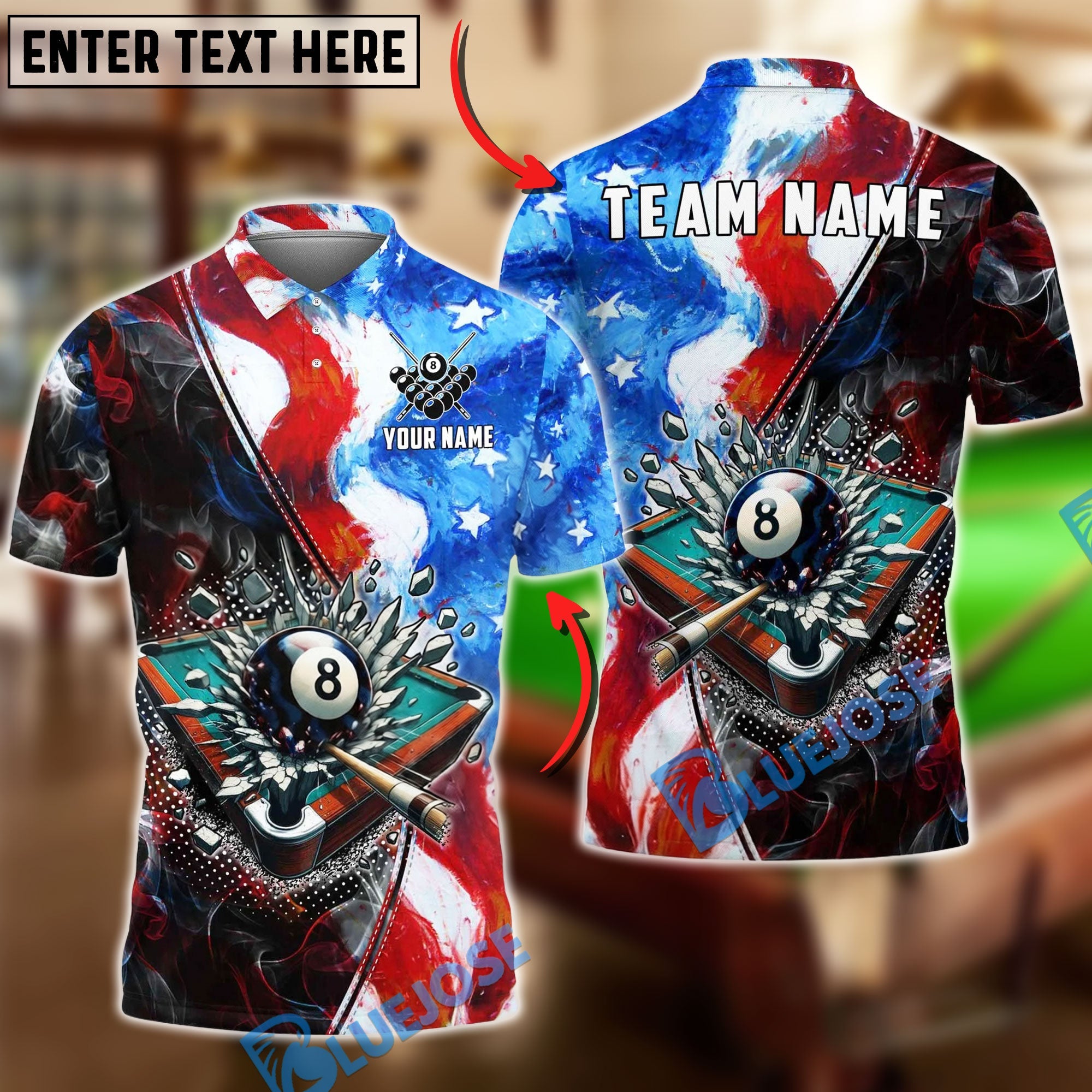BlueJoses Billiards 8 Ball Pool American Flag Table Break Customized Name, Team Name 3D Shirt