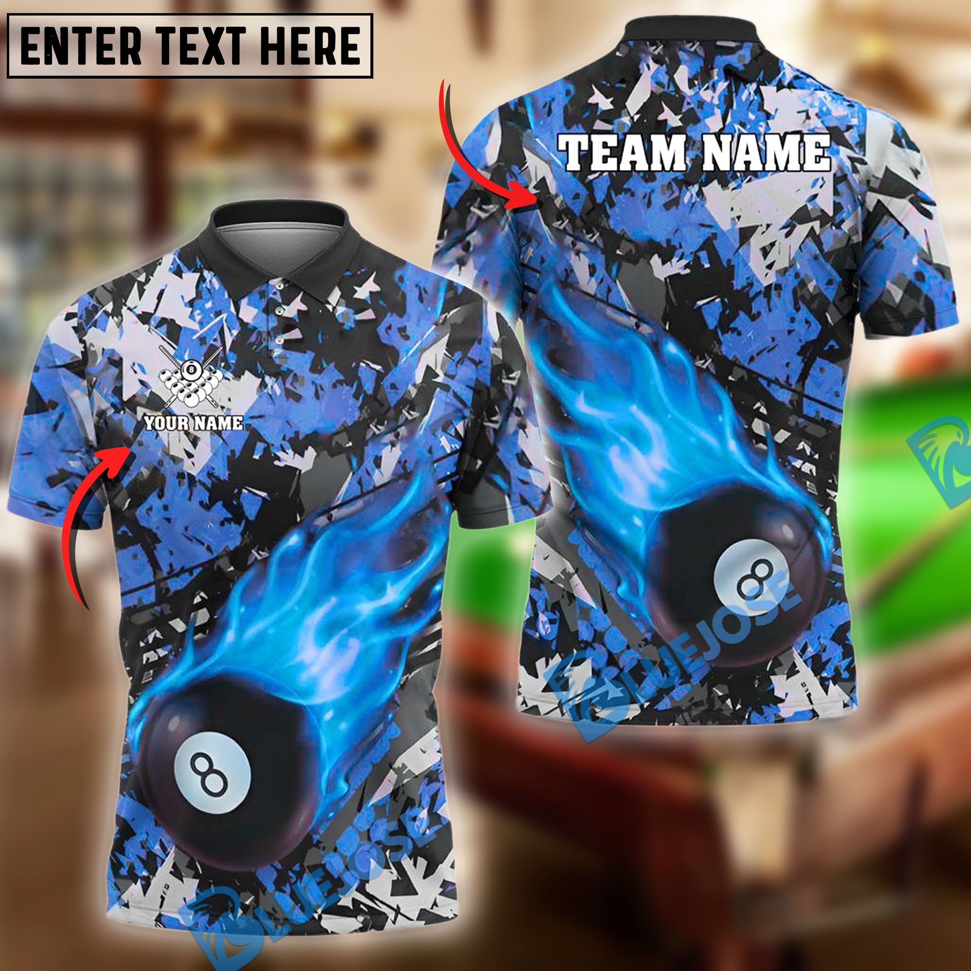 BlueJose Billiards Flaming 8-Ball Personalized Name, Team Name Unisex Shirt (4 Colors)