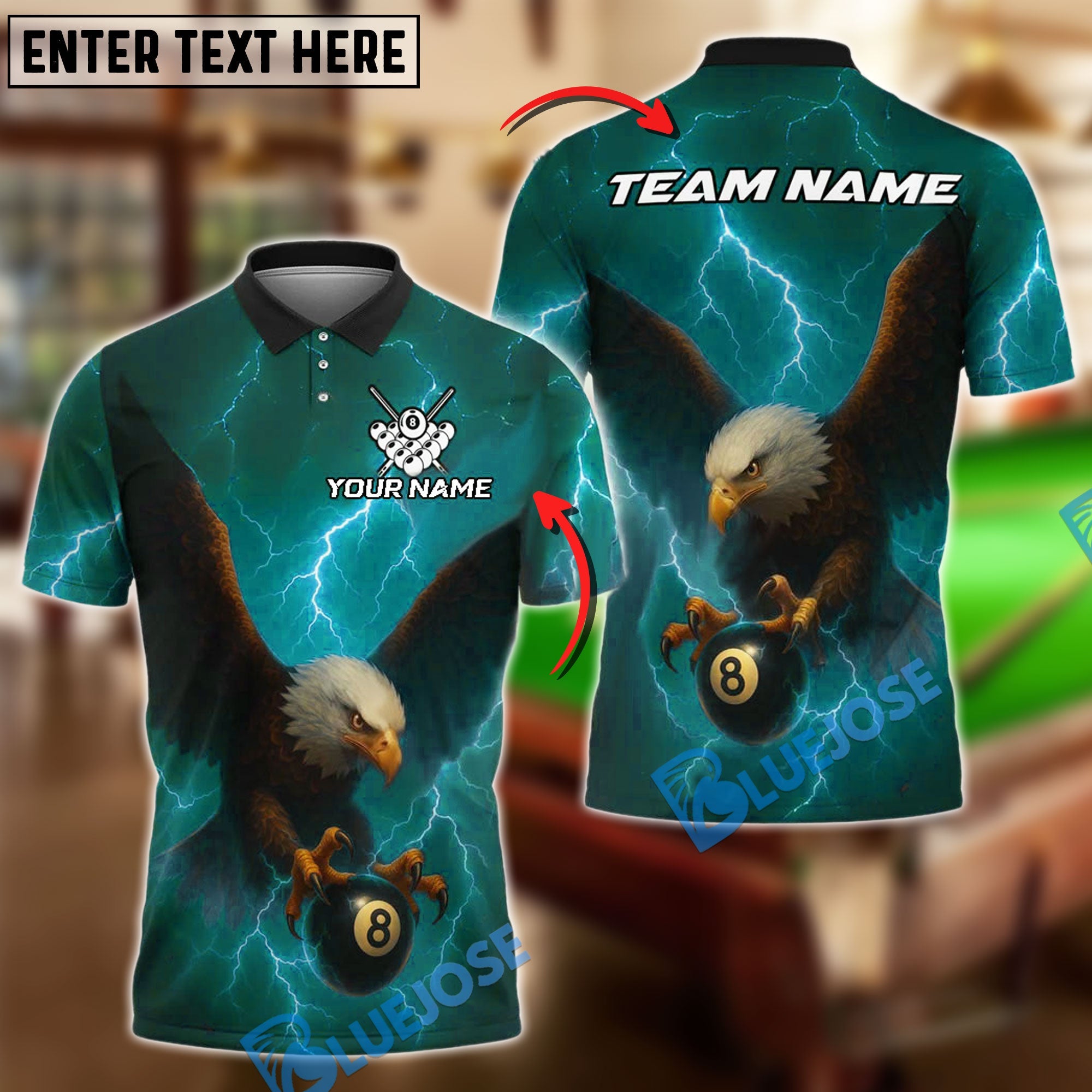 BlueJose Billiards Eagle Power 8-Ball Pool Personalized Name Shirt (4 Colors)