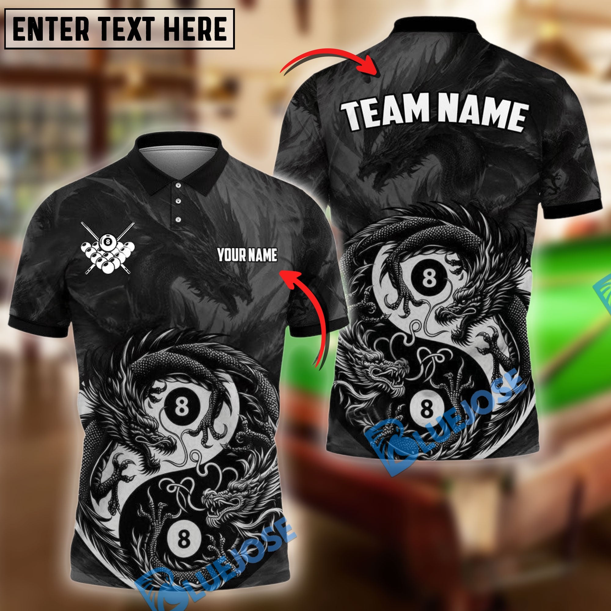 BlueJose Billiards Yin And Yang Ball 8 Dragon Personalized Name Shirt (4 Colors)
